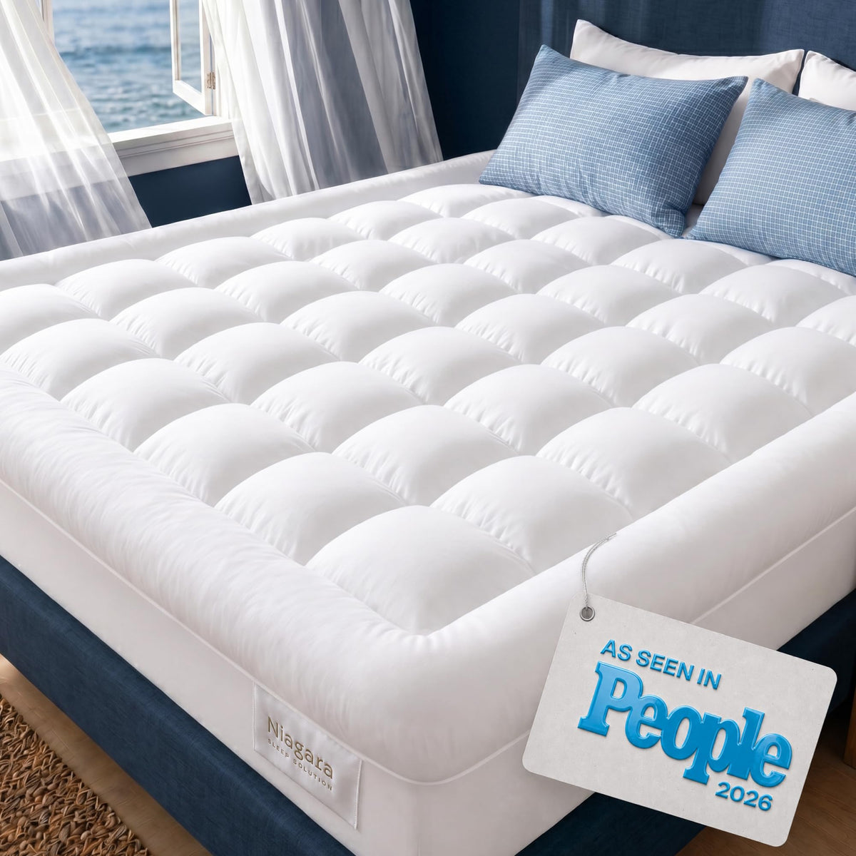 Niagara Sleep Solution Cloud-Like Full Size Mattress Topper - 100% Cotton Top Mattress Pad for Back Pain Relief - Breathable & Naturally Cooling for Hot Sleepers, White
