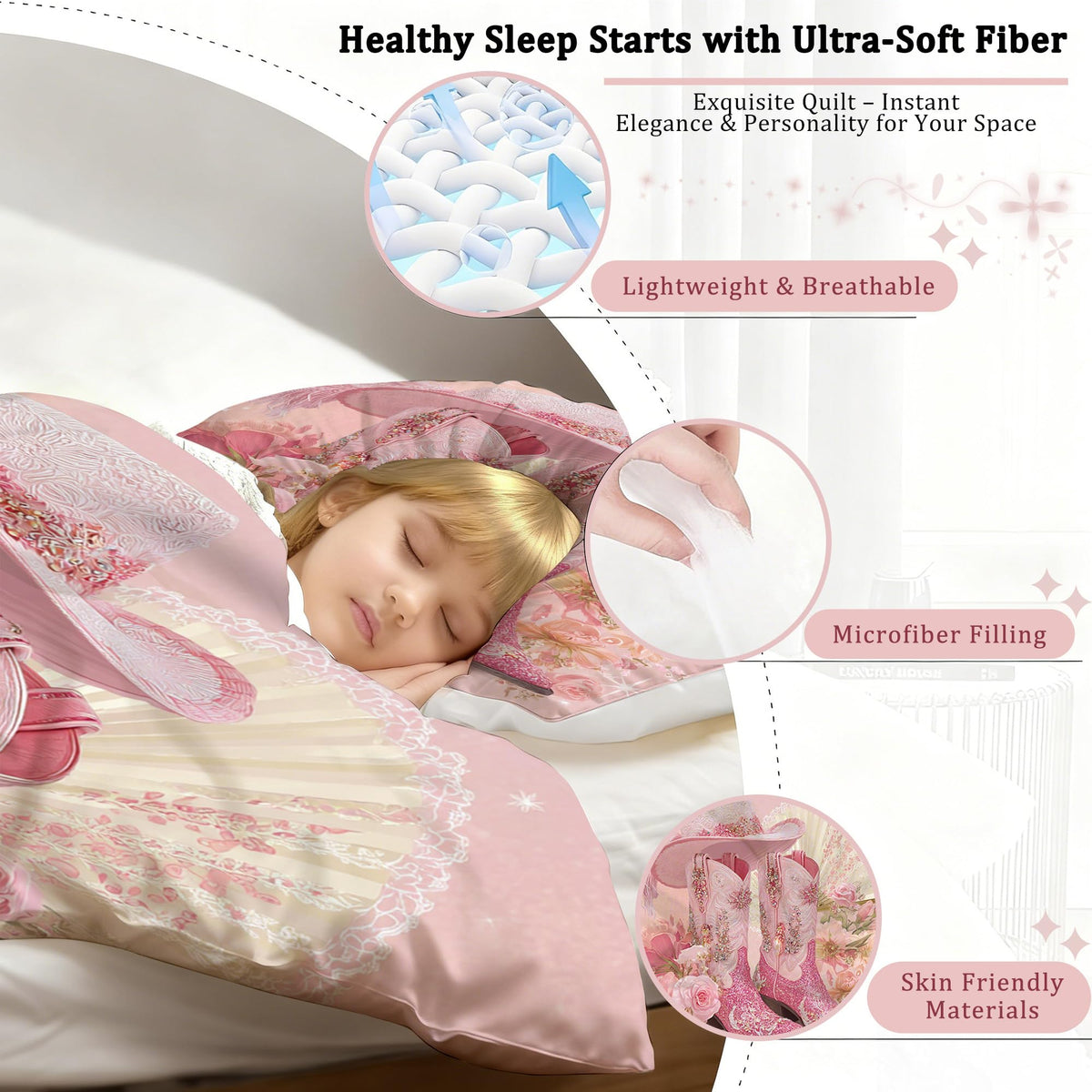 VTKON Pink Cowgirl Bedding Set Twin Size Western Cowgirl Comforter Set Girly Luxury Floral Lace Fan Print Bed Set Light Pink Flower Sweet Western Style Quilt Set with 1 Comforter + 1 Pillowcase