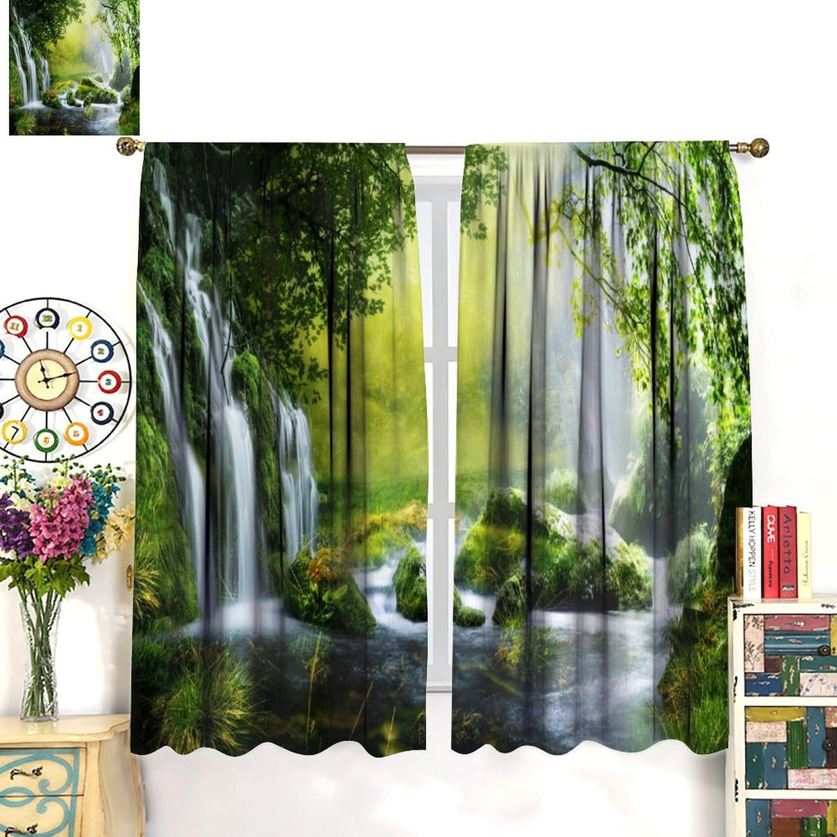 Veridic Spring Waterfall Curtains,Jungle Sunrise Natural Landscape Pattern Decor Rod Pocket Window Drapes for Bedroom Living Room Kitchen 42x45 Inch