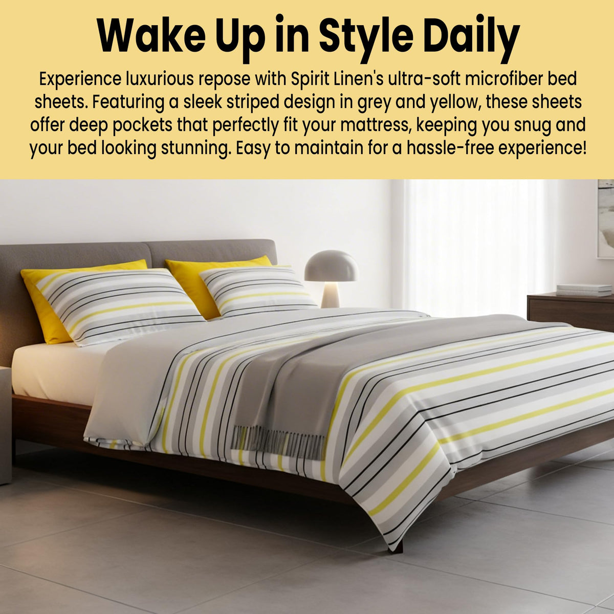 Spirit Linen home 6-Piece Queen Size Bed Sheet Set - Deep Pocket, Striped Pattern, Soft and Breathable Bed Sheets, Microfiber Material, Includes 1 Fitted, 1 Flat, 4 Pillowcases - Grey/Yellow Stripe