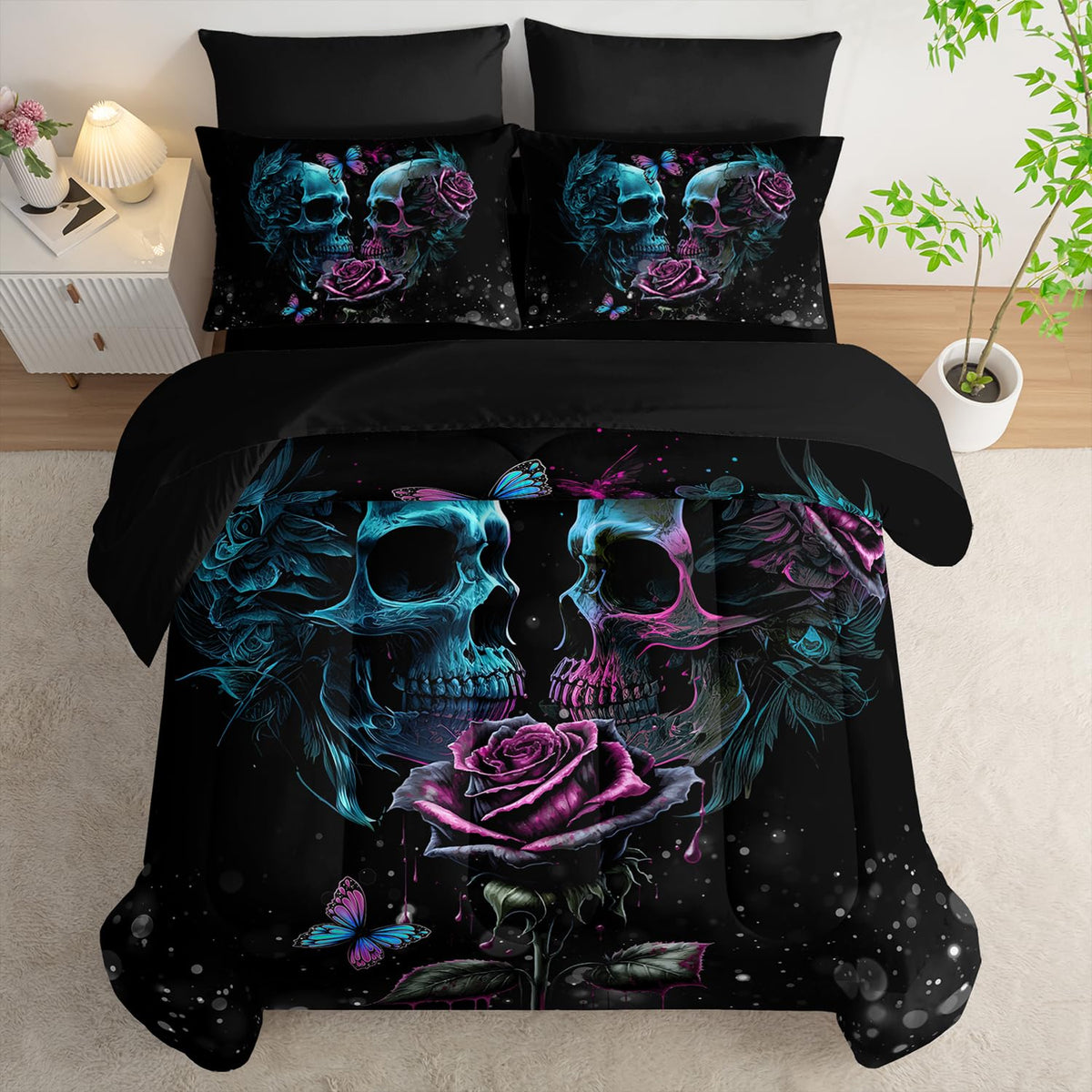 Tuzaovy Black Skull Comforter Set 7 Piece Queen Size Bed in A Bag,Goth Bedding for Room Decor,Soft Western Comforter Boho Hippie Bedding with Fitted Sheet,Flat Sheet, Pillowcases & Shams