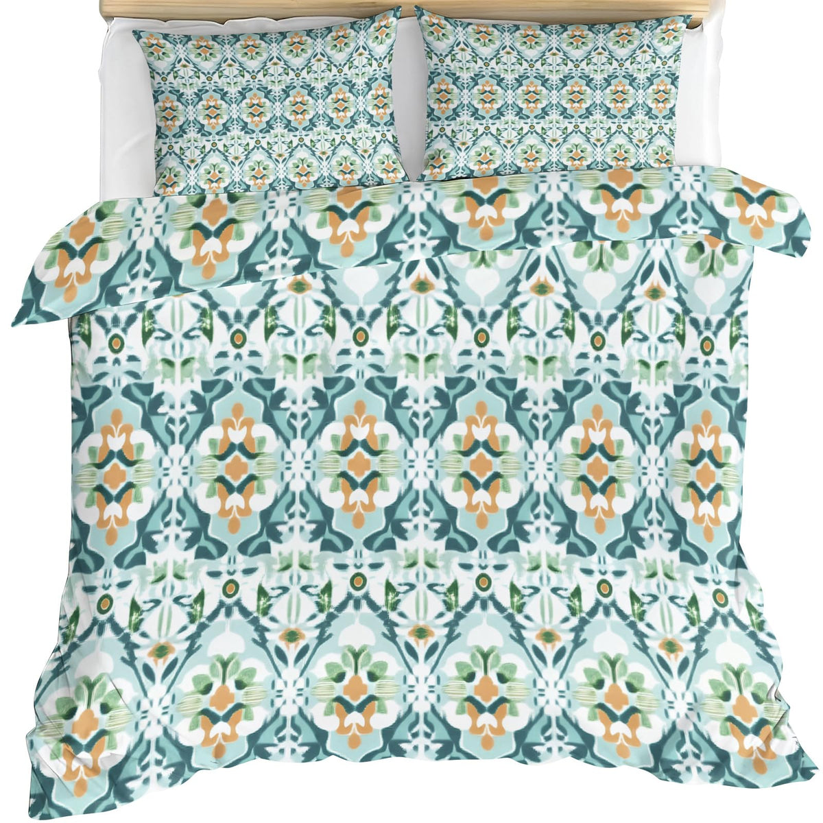 ZAMODE Southwestern Duvet Cover 120" x 98", Vintage Teal Flower Bedding Set, Mid Century Modern Comforter Cover with Zipper Ties