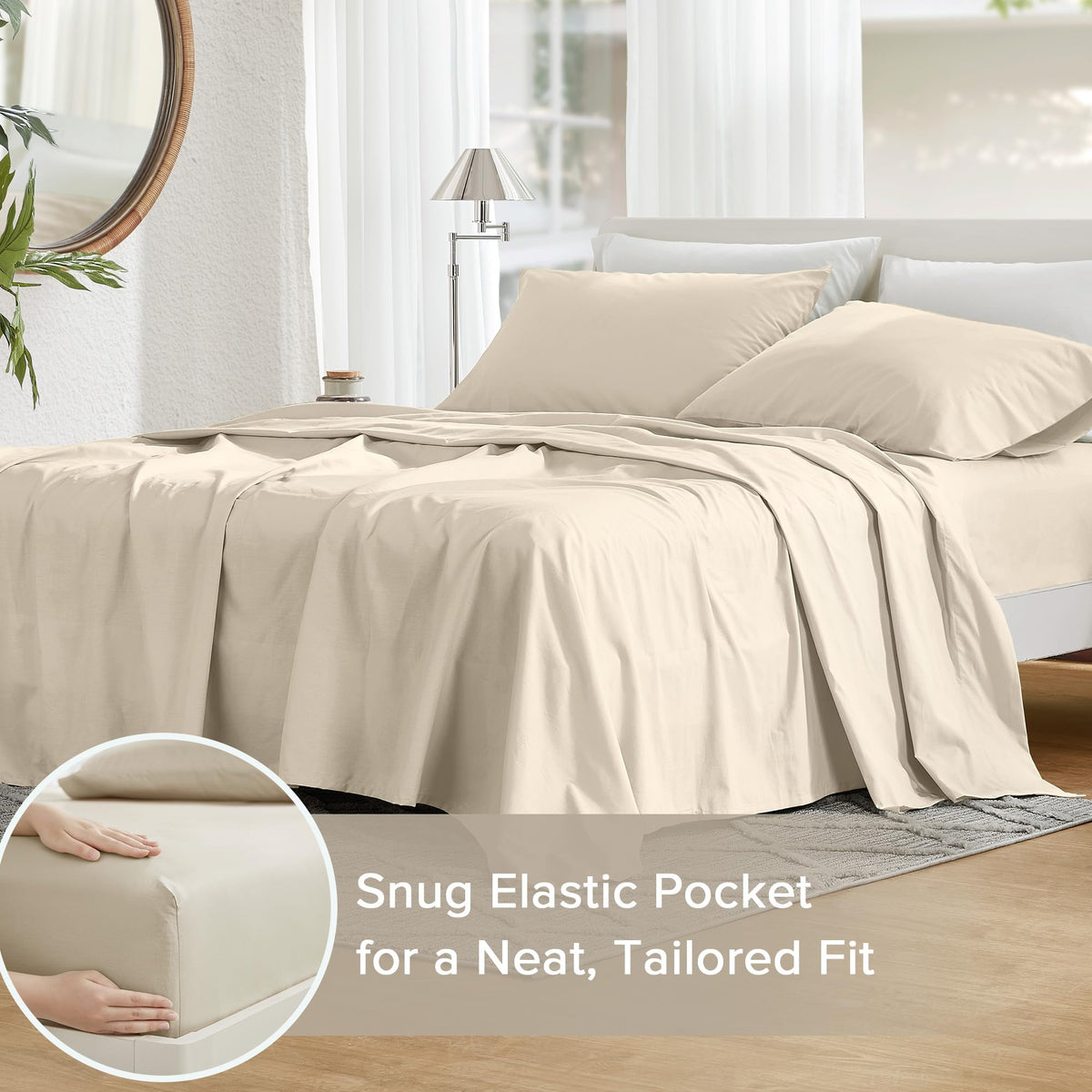 Comfort Spaces 100% Cotton Sheets Twin, Breathable & Ultra Soft Cotton Sheets, Naturally Cool Cotton Bed Sheets with 12" Elastic Pocket Fits up to 14" Mattress, All Seasons Sheet Set, Cream 3 Piece