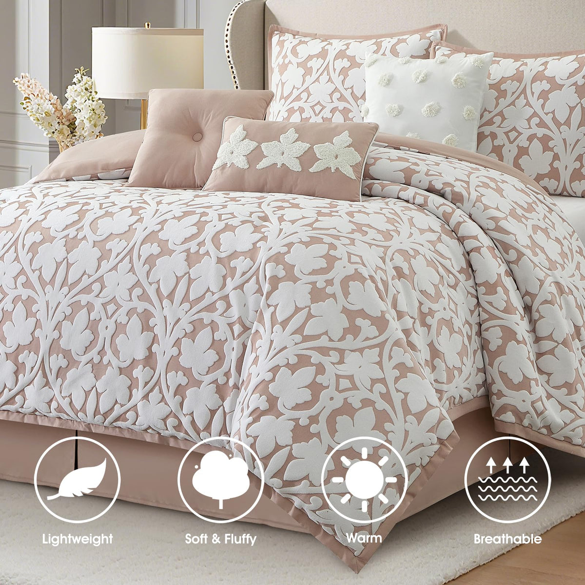 LANCO MODERN LIFESTYLE 7 Pieces Comforter Set, King, Blush, Jacquard Floral Pattern and Classy Damask Medallion Design, Ultra Soft, Includes Bed Skirt, Shams, and Decorative Pillows