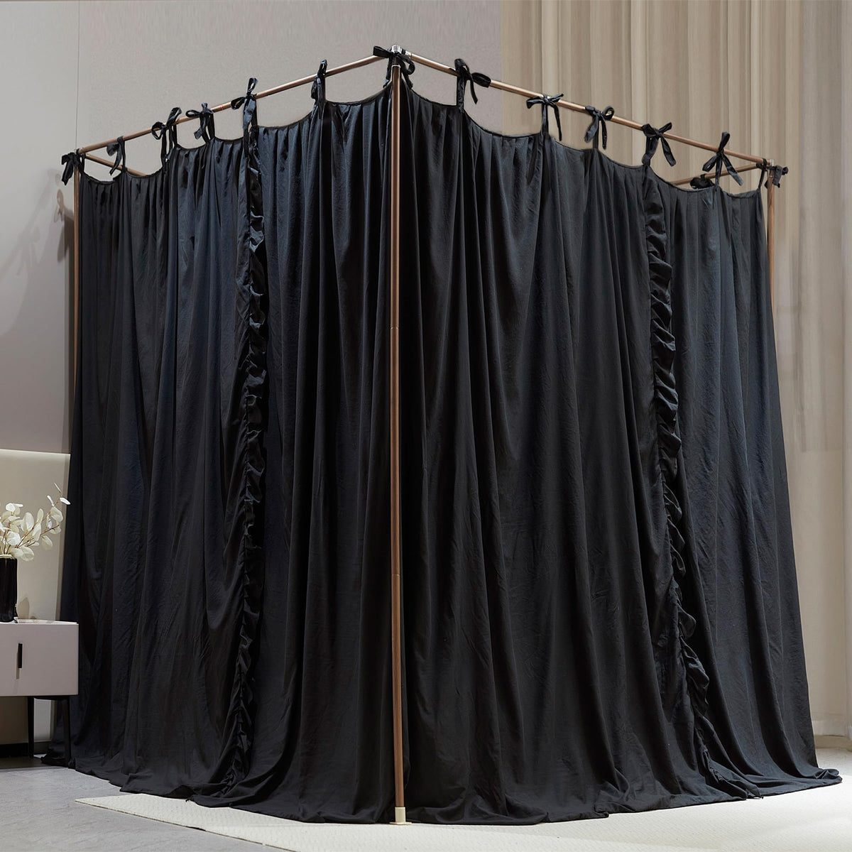 AIOOO 4 Corners Post Princess Curtain Bed Canopy Double Layer Cozy Mosquito Net Mesh and Cloth for Girls Adults Bedroom Decoration (Double-Black/Black, 78" W*86" L*82"*H/(King))