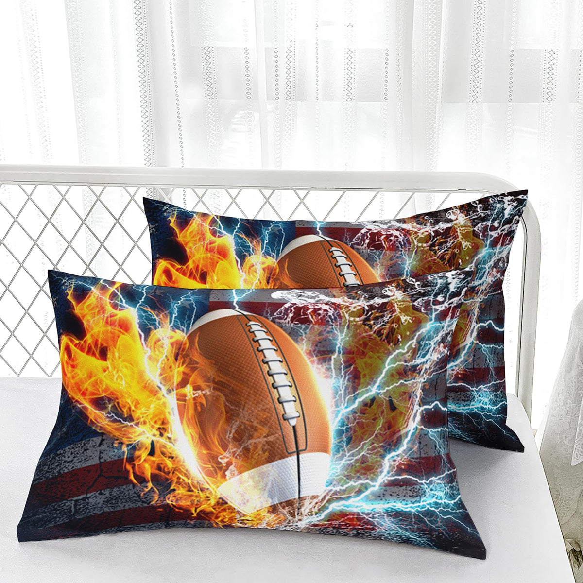 Nttopship Football Comforter Sets Twin Size, Bedding Sets for Kids,US Flag and Fire Football Comforter Sets All Season 1 Comforter and 2 Pillowcases