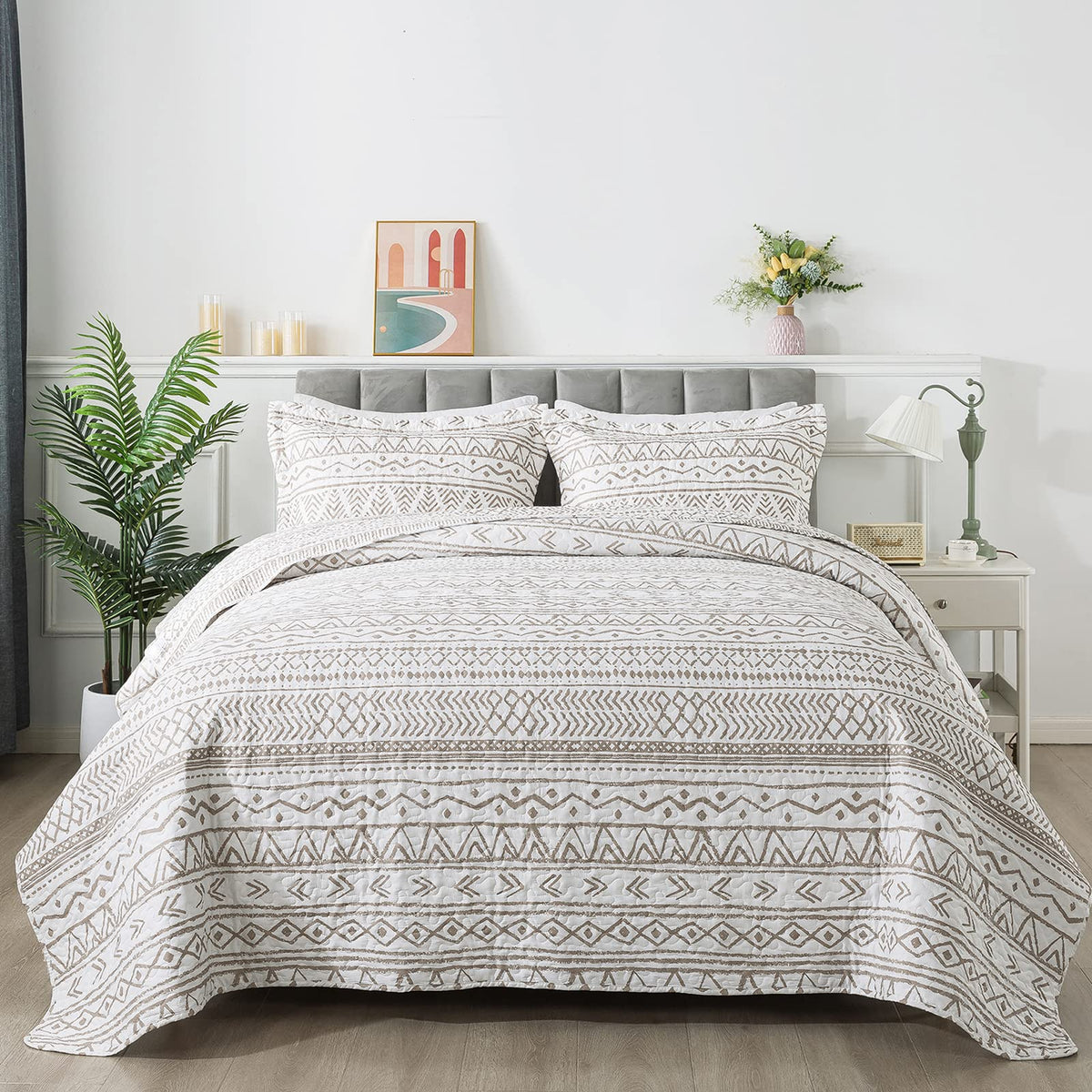 Travan 3-Piece King Quilt Set Striped Pattern Microfiber Soft Lightweight Bedding Set with Shams for All Season, Cream Strips, King Size