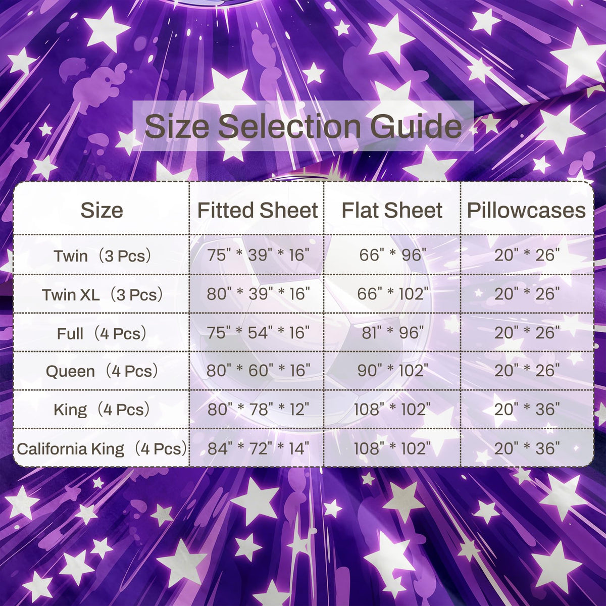 Soccer Ball Sheet Set, 4 Pcs Queen Size Boys Stars Bed Sheets, Purple