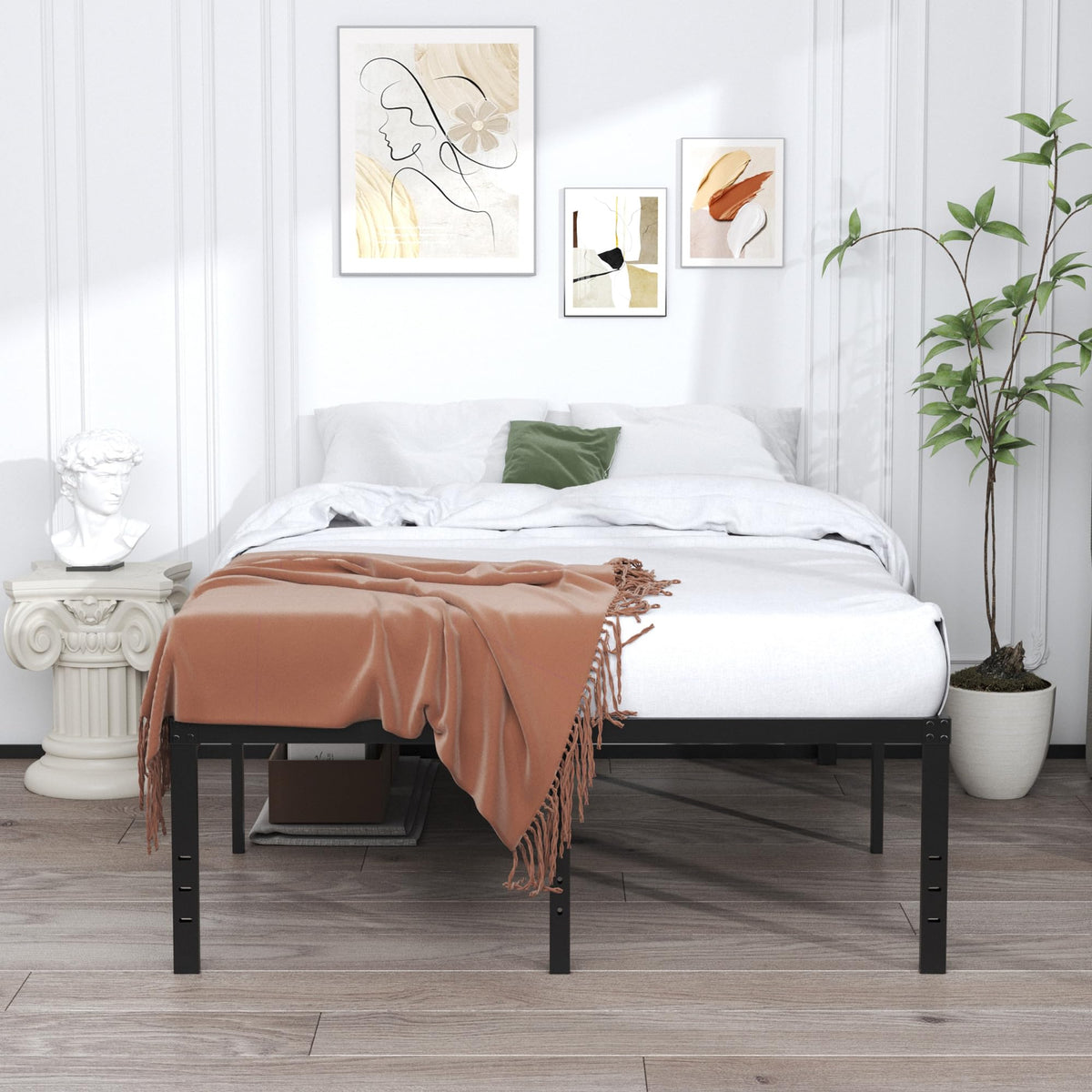 EMODA 20 Inch Queen Bed Frame No Box Spring Needed Heavy Duty Metal Tall Platform Bed Frame Queen Size with Large Storage Space, Easy Assembly, Black