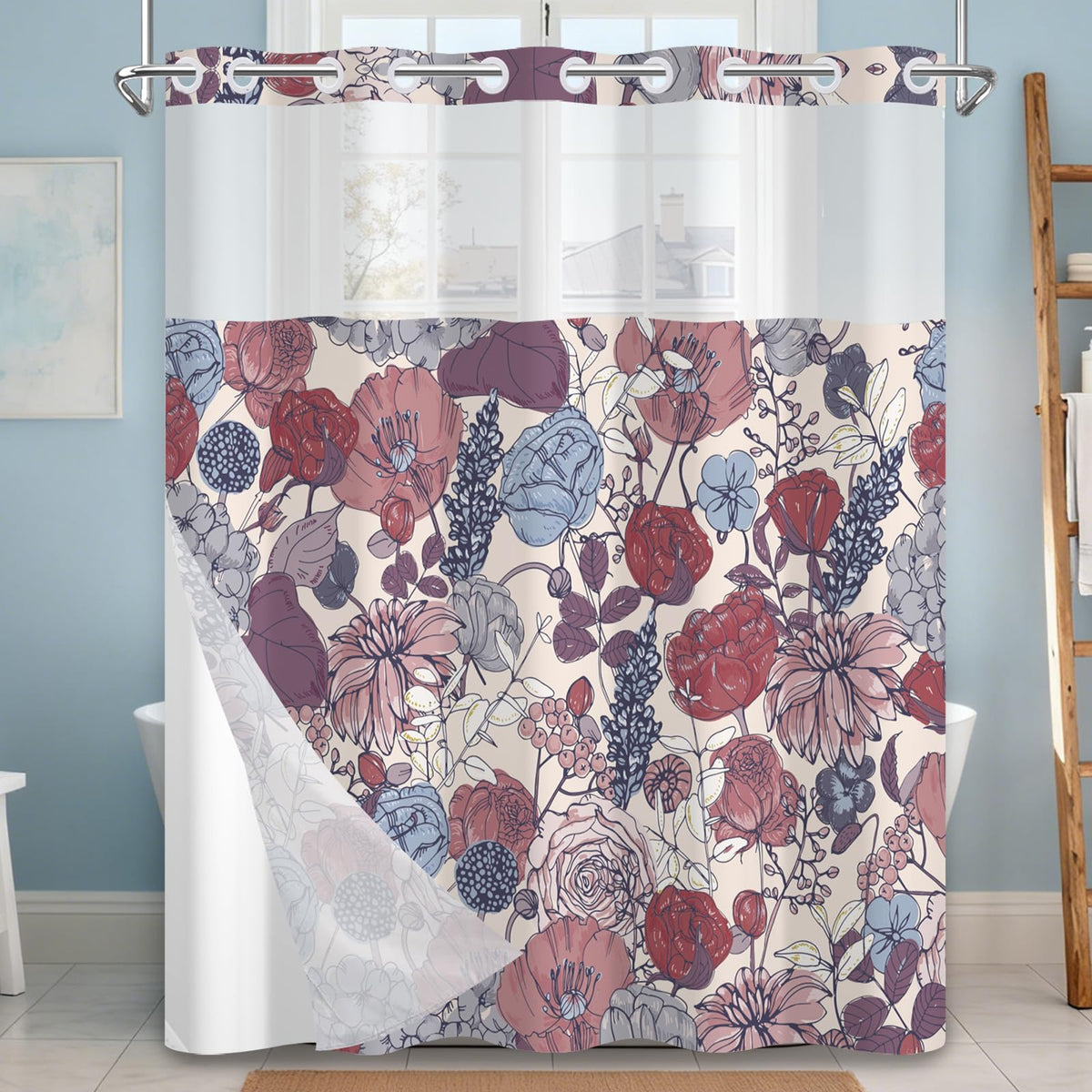 NAEMBCU No Hook Shower Curtain with Snap-in Liner 71x74 Inch