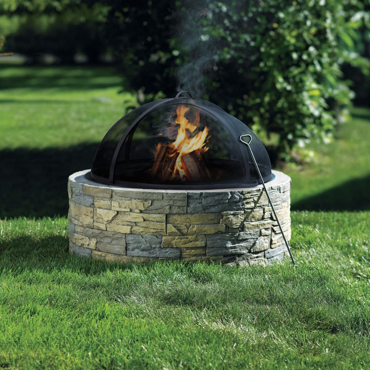 SUNCREAT Heavy-Duty Fire Pit Screen, Steel Mesh Round Spark Screen with Handle, 35 Inch