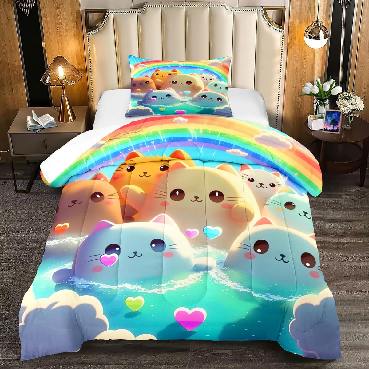 FJKJHKGJ Cat Comforter Set - Cartoon Cat Twin Bedding Set for Girls Cute Cat Rainbow Printed Kids Bedding Set for Girls Kids Teens All Season Kawaii Cat Twin Quilt Set, 1 Comforter+1 Pillowcase