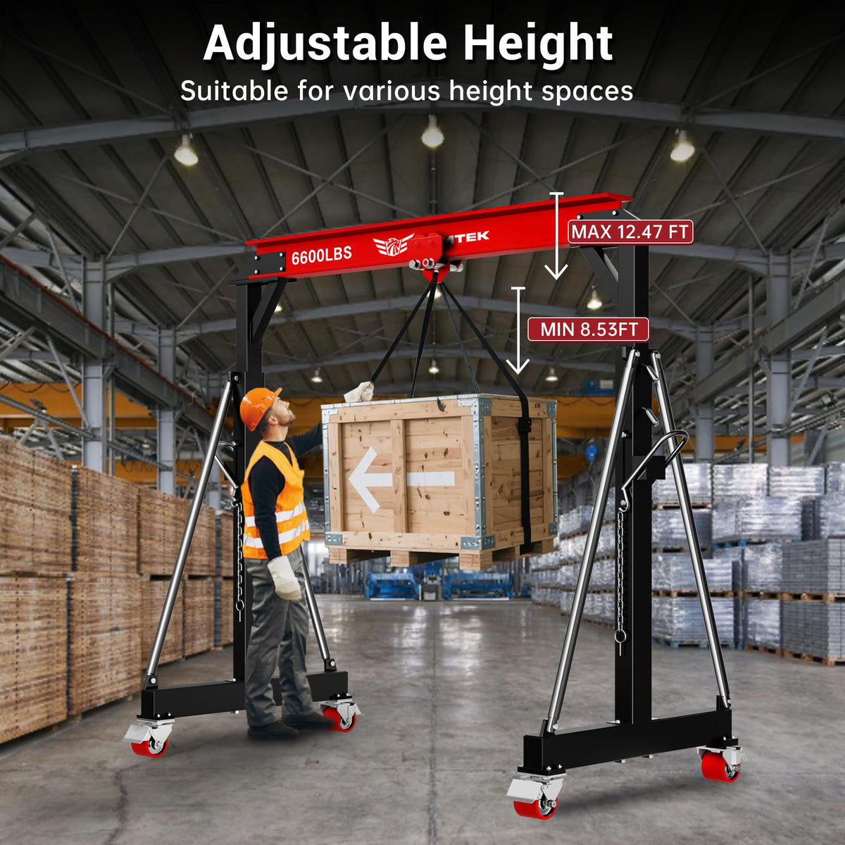 BSMTEK 3 Ton Gantry Crane MAX6600lbs, Adjustable Height (8.53-12.47 FT), Width (9.06 FT, Available 8.53FT), Steel I-Beam Construction, Portable Shop Hoist for Factories, Warehouses