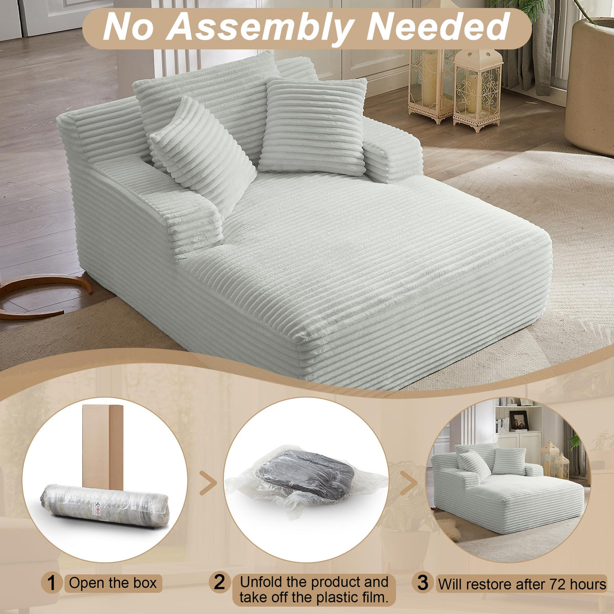 KEIKI 67" Oversized Chaise Lounge Sofa Chair, Corduroy Cloud Sleeper Couch with Deep Seat Comfort, Boneless Lounge Sofa for Reading Nook, Home Office & Relaxing, Modern Futon Couch for Apartments