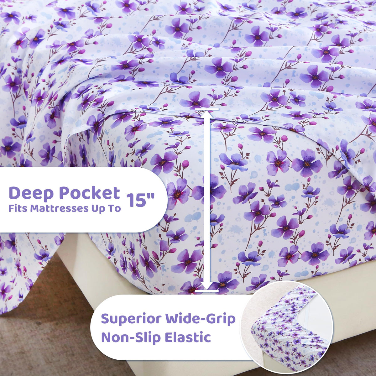 Mooreeke Cozy Floral Microfiber Printed Full Sheet Set - Soft & Breathable Purple Floral Bed Sheets with Deep Pocket - Non-Slip Fitted Design - Purple Flowers Pattern - Full