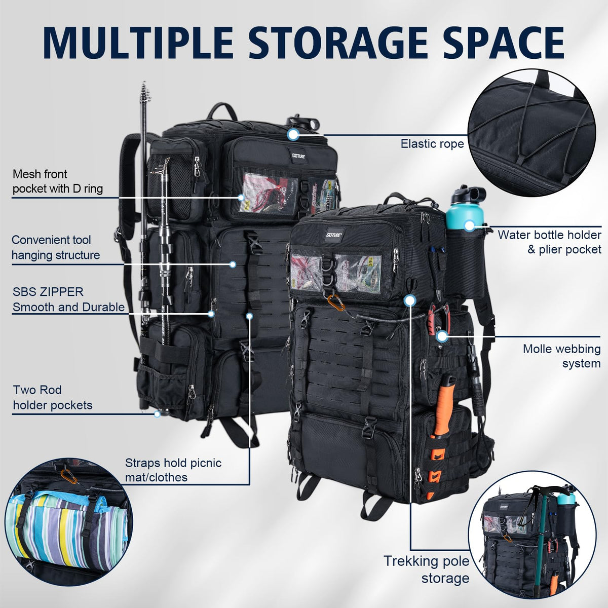 Goture Fishing Backpack with Cooler,72L Large 600D Tackle Backpack with Rod Holders,Dry & Wet Split Compartment,Adjustable Main Compartment,Rain Cover,Insulated Tactical Bag for Travel Camping Hiking