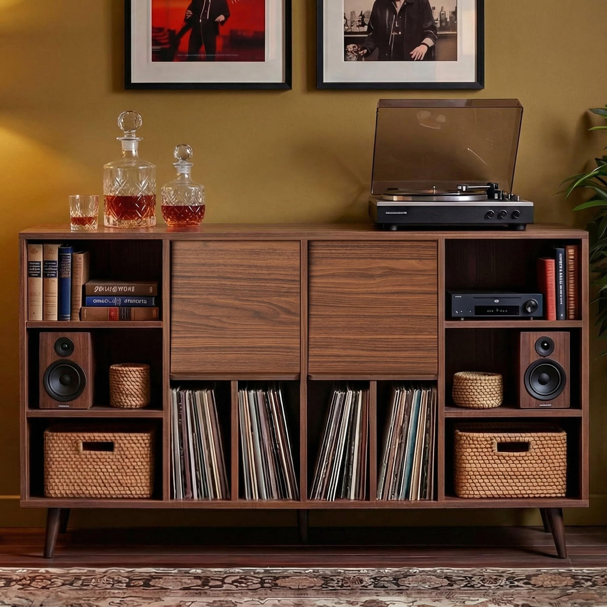 IRONCK Large Record Player Stand 55", Holds 600+ Vinyl Record Storage Cabinet with Charging Station, Mid Century Modern Turntable Stand for Living Room, Bedroom, Brown