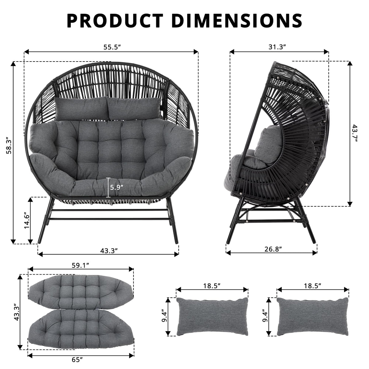 IRONCK 2 Person Egg Chair Outdoor Indoor, Oversized Double Wicker Lounge Chair, Thickened Padded Cushions and Headrests, 680Lbs Egg Loveseat for Patio, Balcony, Living Room, Porch, Gray