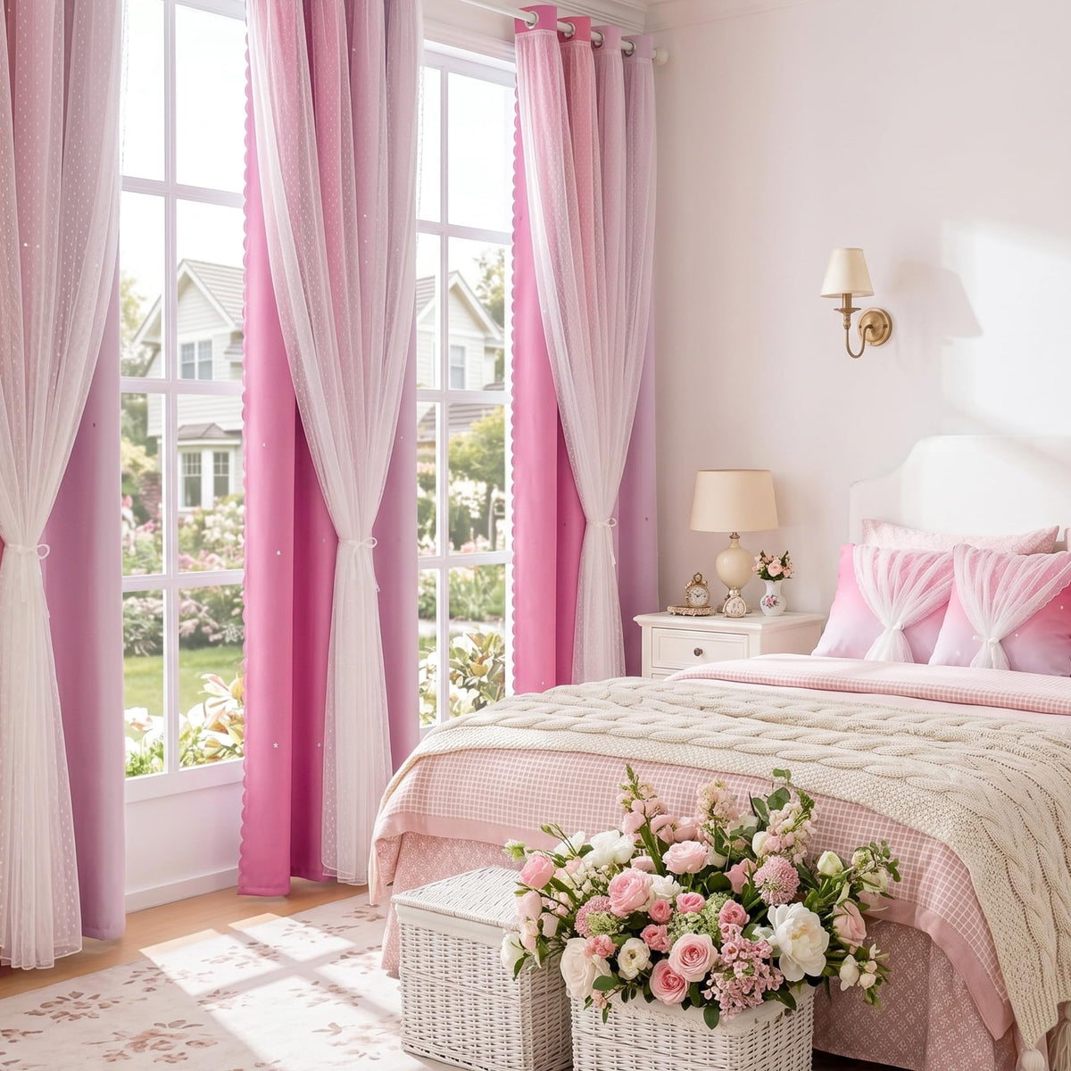 MYSKY HOME Pink Blackout Curtains for Girls Bedroom Decor Living Room, Hollow-Out Stars Grommet Window Ombre Curtain for Nursery Kids Room, W34 X L90 Inches Long, 2 Panels Set