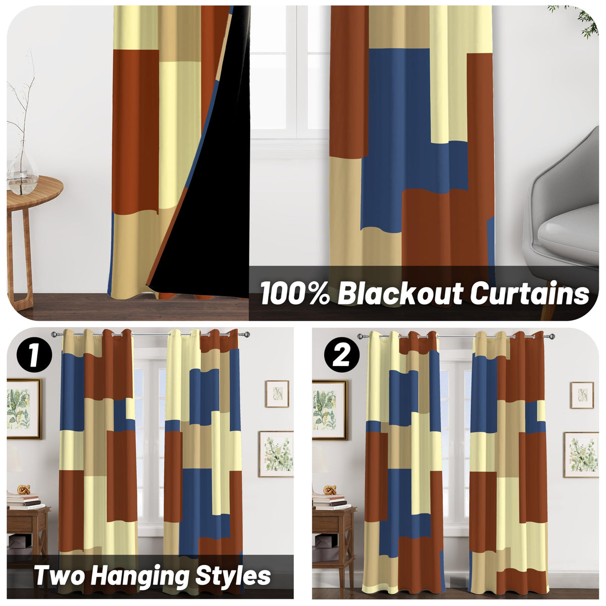 Tyrot Terracotta Blue 100% Blackout Curtains for Bedroom 84 inch Long 2 Panels Set Modern Abstract Geometric Black Out Curtains Insulated Room Darkening Window Drapes for Living Room, 52Wx84L