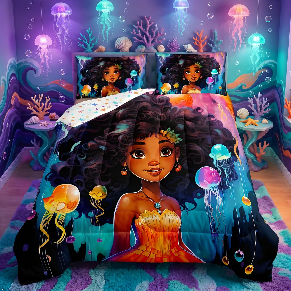 Erosebridal Black Girls Bedding Set Afro Girl Twin Comforter Set for Girls,American African Mermaid Princess Magical Quilt for Toddler Kids Teenager,Jellyfish Kawaii Room Decor