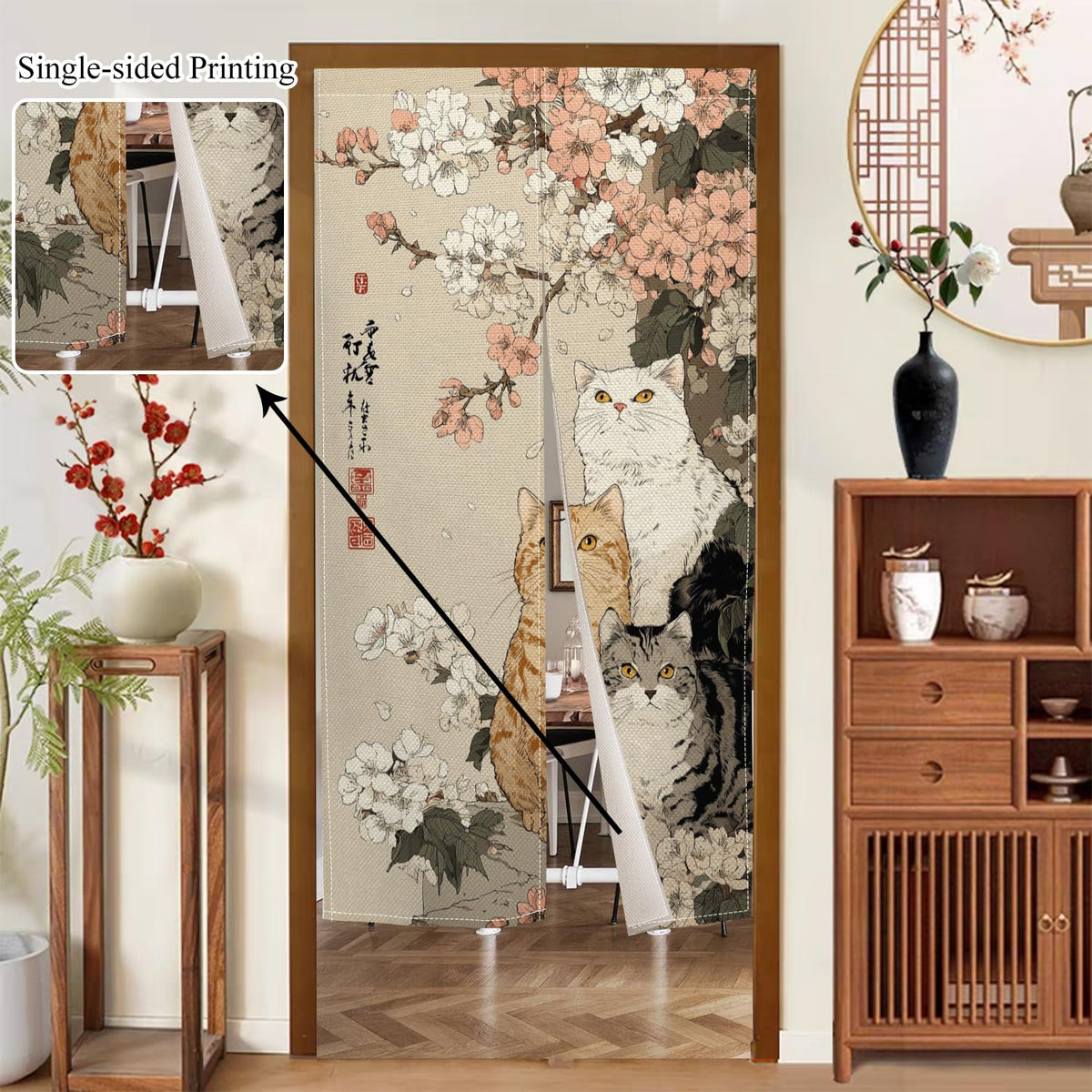 Leowefowa Noren Japanese Doorway Curtain Cat with Cherry Blossom Traditional Chinese Printed Door Curtains Retro Floral Animal Window Treatment Panel for Room Divider Home Kitchen Decor, 33.5x59inch