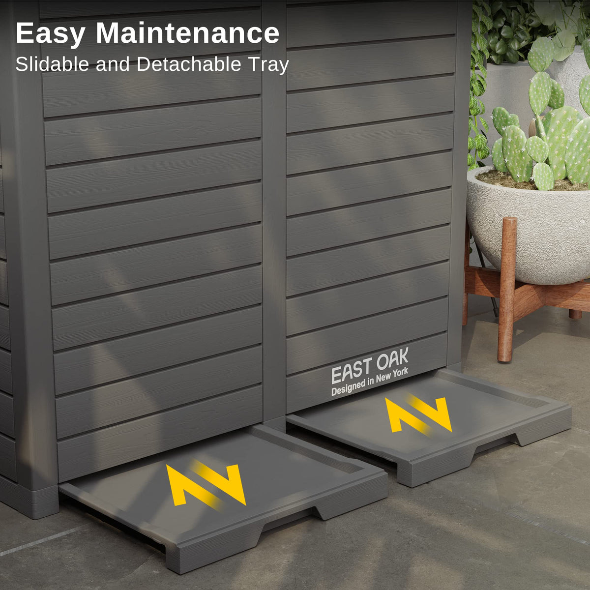 East Oak 62 Gallon Outdoor Trash Can | Waterproof Resin Garbage Can Featuring Tiered Lid & Drip Tray | Outside Trash Bin for Kitchen, Patio | Backyard & Deck | Gray Color