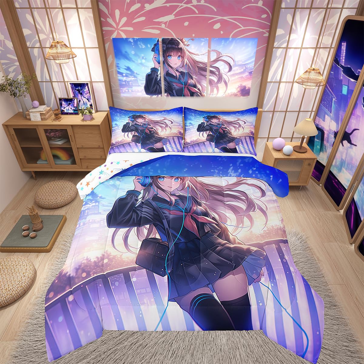 Erosebridal Anime Girl Bedding Set Twin Size, Japanese Anime Comforter Set for Kids Boys Teens Bedroom Decor, Cartoon Girl Duvet Insert Kawaii Japanese Animation Quilt with 1 Pillow Case