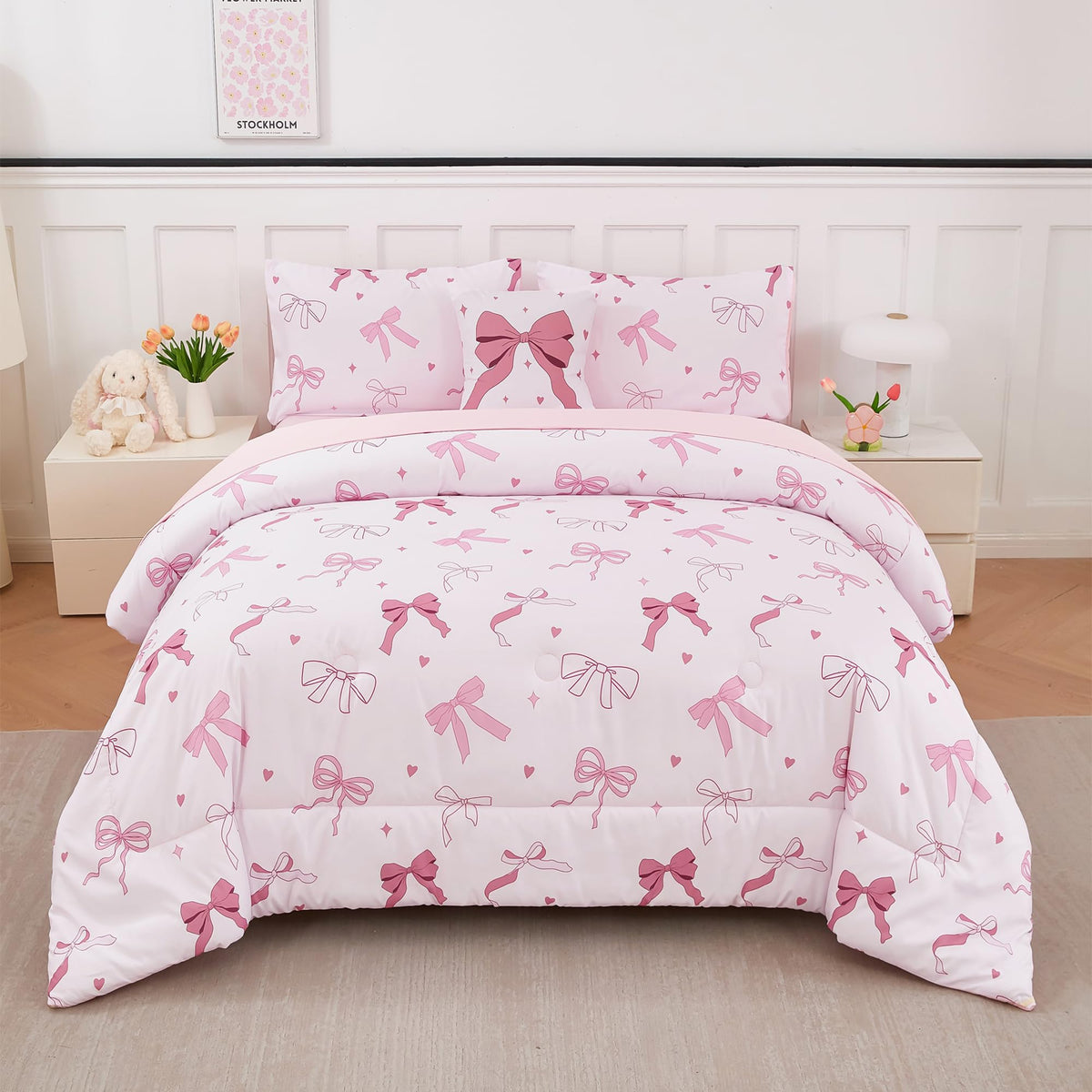 ANGIYUIN Pink Bow Full Size Comforter Sets, Ribbon Bow Knot Girls Bedding Set, 6 Pieces Lover Hearts Stars Kids Bed in a Bag with Sheets(Bow Full)