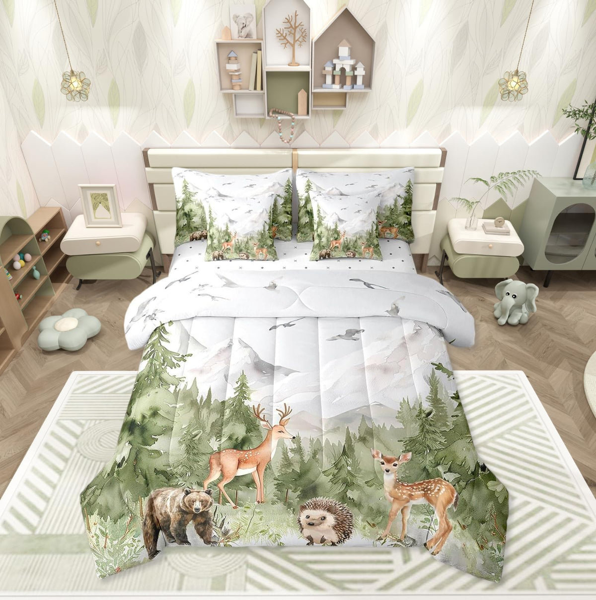 Erosebridal Giant Mountain Forest 7 Piece Comforter Set Twin Woodland Deer Bear Hedgehog Birds Bedding Set Jungle Wild Animal Pine Trees Comforter Wildlife Hunting Botanical Sheets for Kids Boys