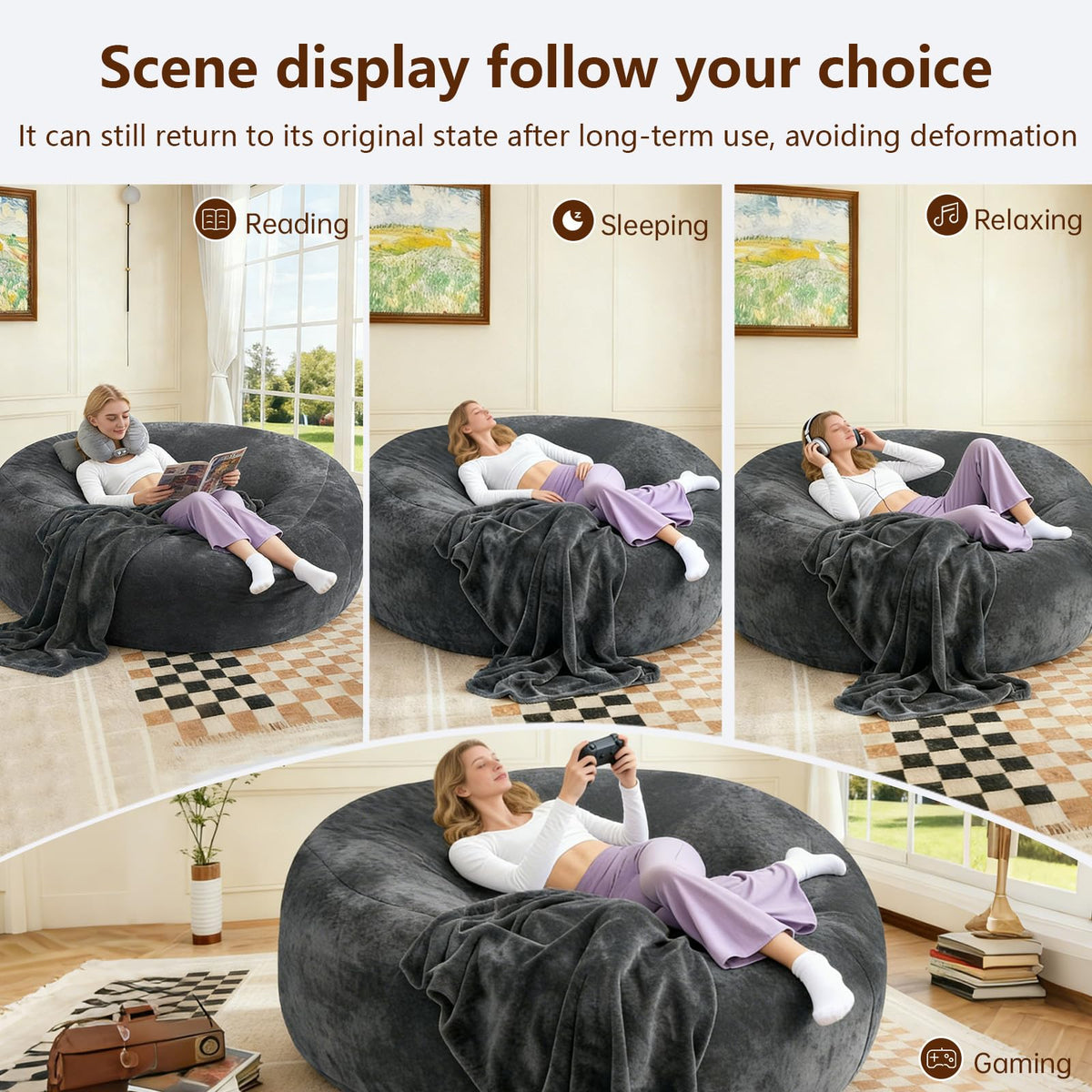 Big Bean Bag Chairs for Adults ，6FT Bean Bag Chair with Filler Memory Foam Chair Super Soft Plush, Living Room Furniture, Suitable for bedrooms, Comfy Lounge Reading Chairs