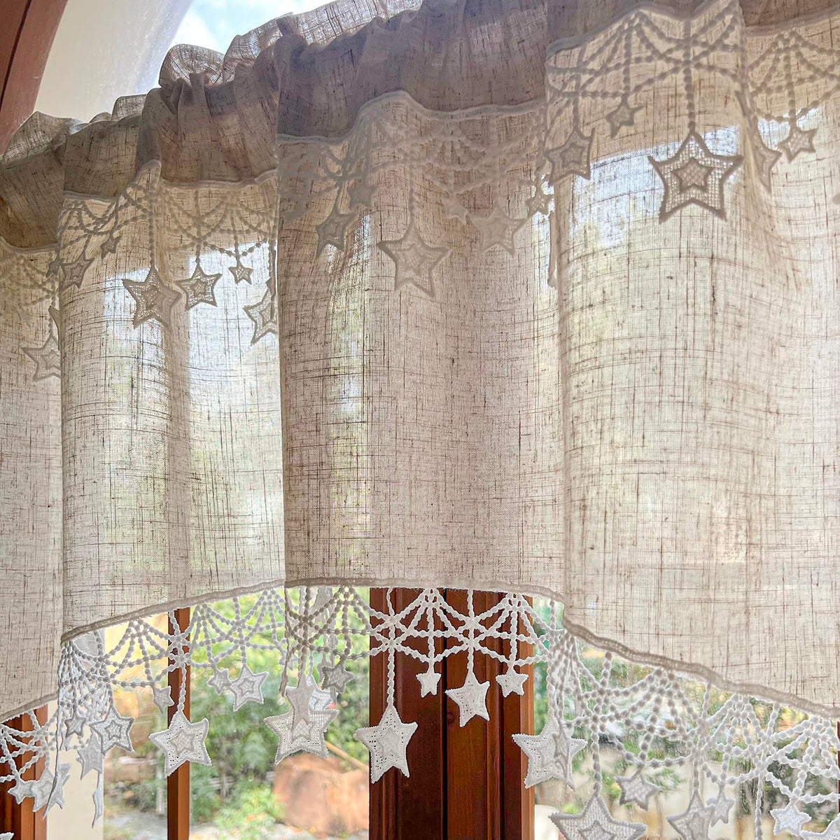 Boho Style Arched Linen Cafe Curtain Valance with Stars Trim Elegant Linen Swag Doorway Curtain Tier for Kitchen Bathroom Bedroom Rod Pocket Top 1 Panel (W39 x L25.5 inch,Beige)