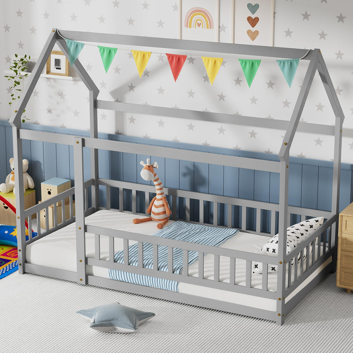 PVWIIK Twin Montessori Floor Bed with High Rails & Roof for Kids Bedroom,High Rails Bed Frame with Fence,No Box Spring Needed, Grey