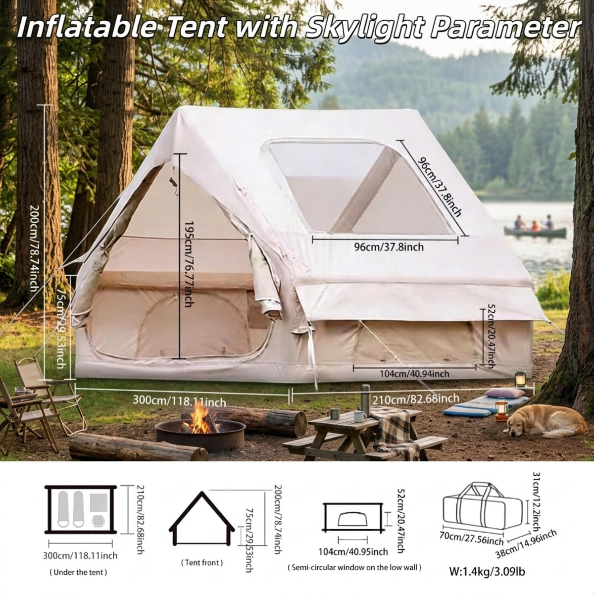 Glamping Air Tent for 4-6 Person, Quick Inflation, Large Skylight, Mosquito-Proof Ventilation Privacy Curtains on Both Sides, Ideal for Family Camping Gathering Camping Holiday Camping Outdoor Camping