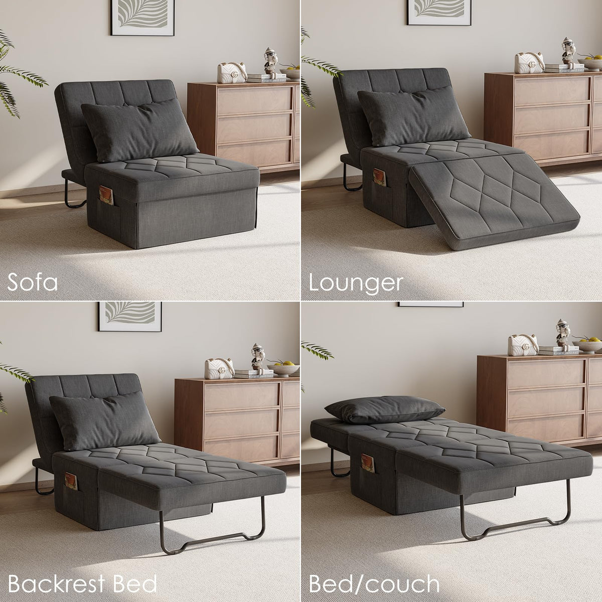 DSNAPE Ottoman Bed with 5-Level Adjustable Backrest, 70" D x 34" W 4-in-1 Convertible Sleeper Chair Bed, Folding Sofa Bed for Living Room, Apartment, Dorm & Small Space, Dark Grey