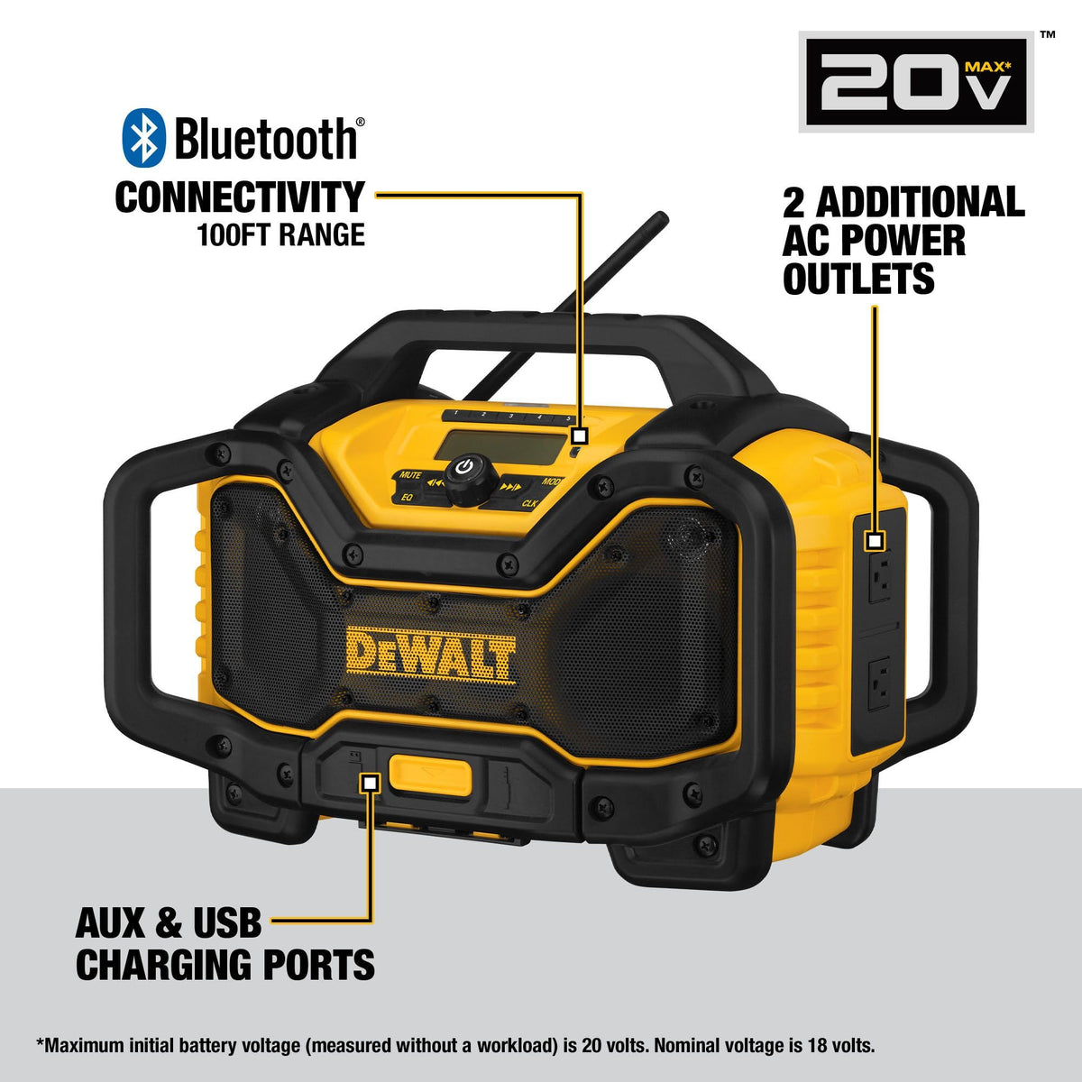 DEWALT 20V MAX Bluetooth Radio, 100 ft Range, Portable for Jobsites (DCR025)