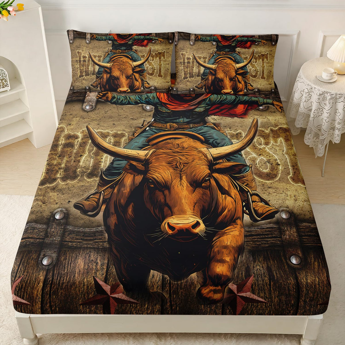 HOSIMA Cowboy Twin Fitted Sheet,Cowboy Riding Cattle Print Western Bedding for Adults Teens Boys Room Decor,Fence Stars Background Pattern Lightweight Bedding,1 Fitted Sheet+2 Pillowcases.