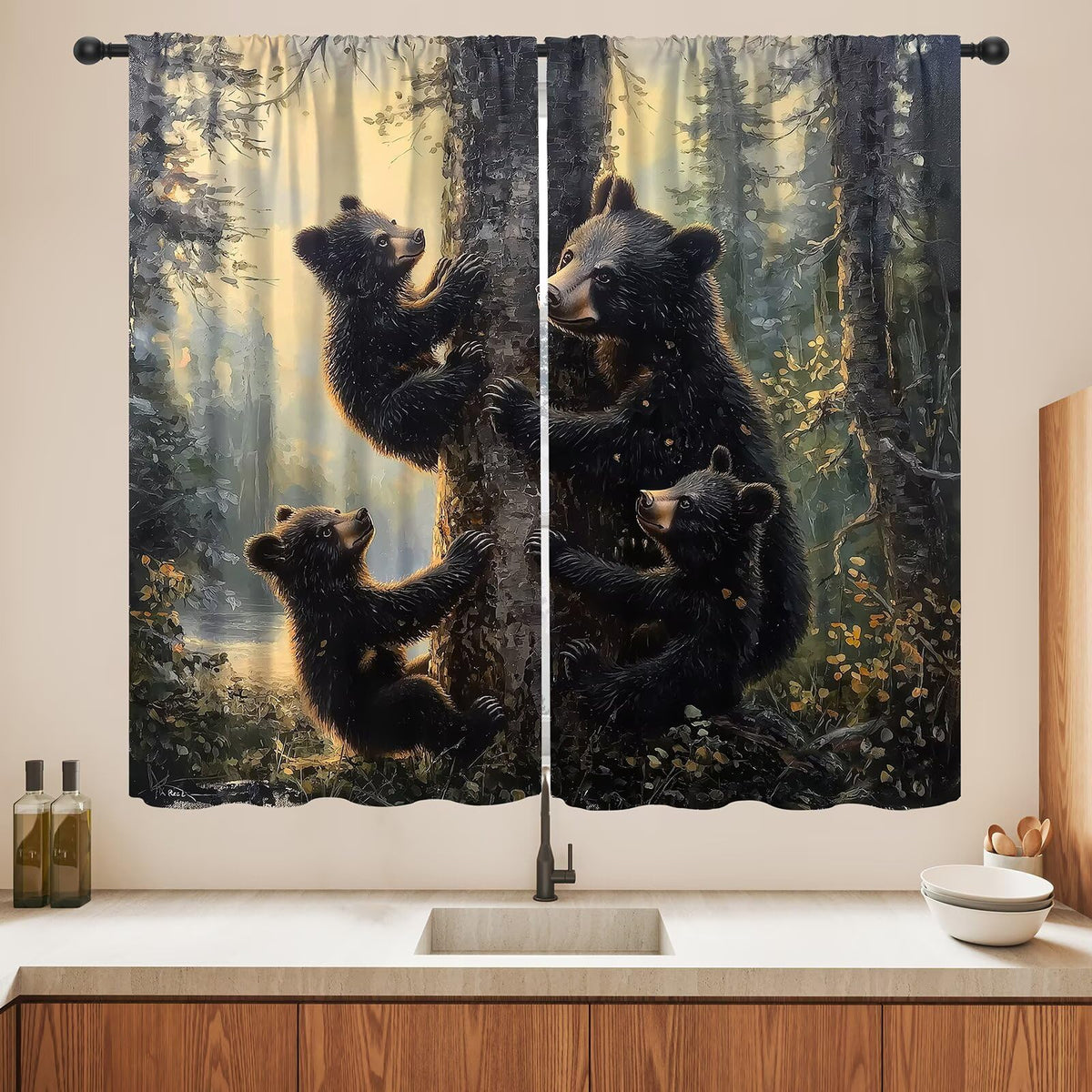 LOMADIA Bear Blackout Curtains, Retro Funny Forest Animal Woodland Wildlife Pattern Drapes, Black Bear Window Treatments Curtain for Kitchen Bedroom Living Room Home Decor 42" W x 45" L