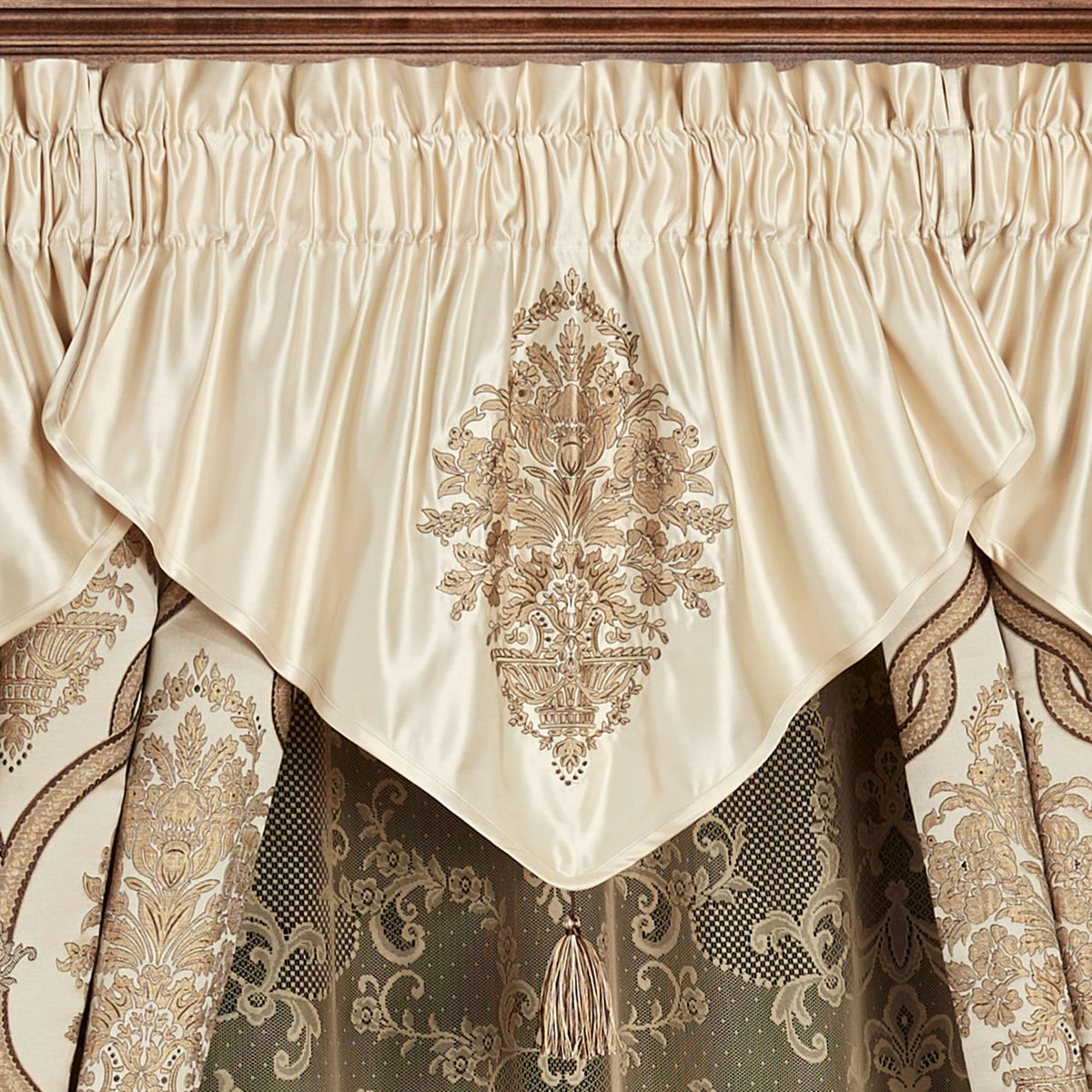 Luxurious Barrington Traditional Window Treatment | Sophisticated Jacquard Woven Damask Medallion Quatrefoil | Light Gold, Champagne, Chocolate | Drapery Set | Wide 95L Curtain Pair, 3 Ascot Valances