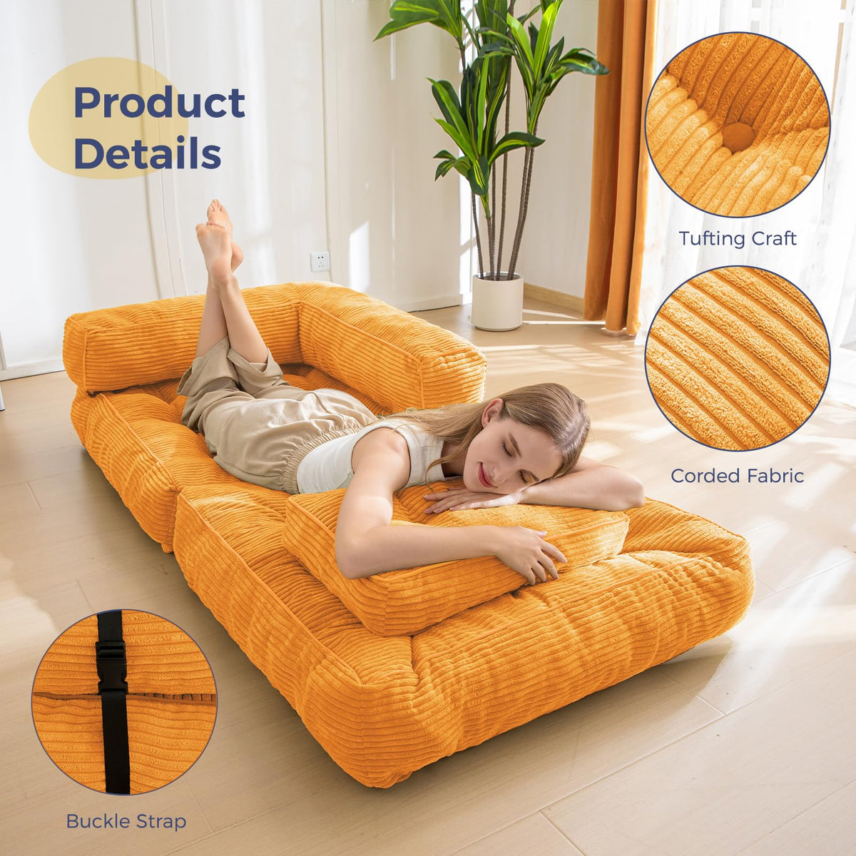 MAXYOYO Folding Sofa Bed, L-Shaped Convertible Sofa Bed Foldable Couch with Pillow, Portable Fold Out Chair Lounge for Living Room Bedroom, Orange