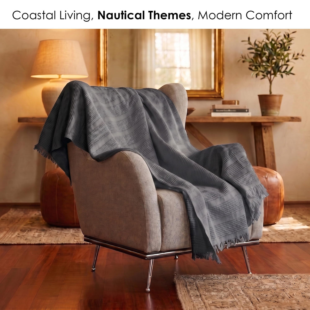 Jojomia Mira Waffle Throw Blanket with Tassels - 50x66 Inch - 100% Turkish Cotton Tencel Breathable Blend Lightweight Blanket for Couch, Sofa, Bed