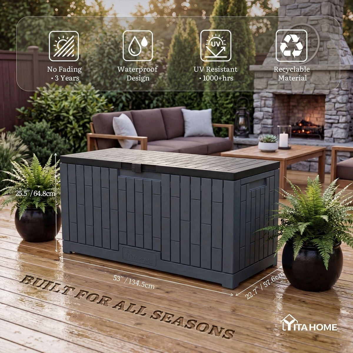 YITAHOME Large Deck Box 120 Gallon Resin Outdoor Storage Box with Slide-Locking Lid, Patio Storage Bin Bench Seat for Outdoor Pillows, Garden Tools and Pool Supplies, Waterproof Lockable, Dark Gray