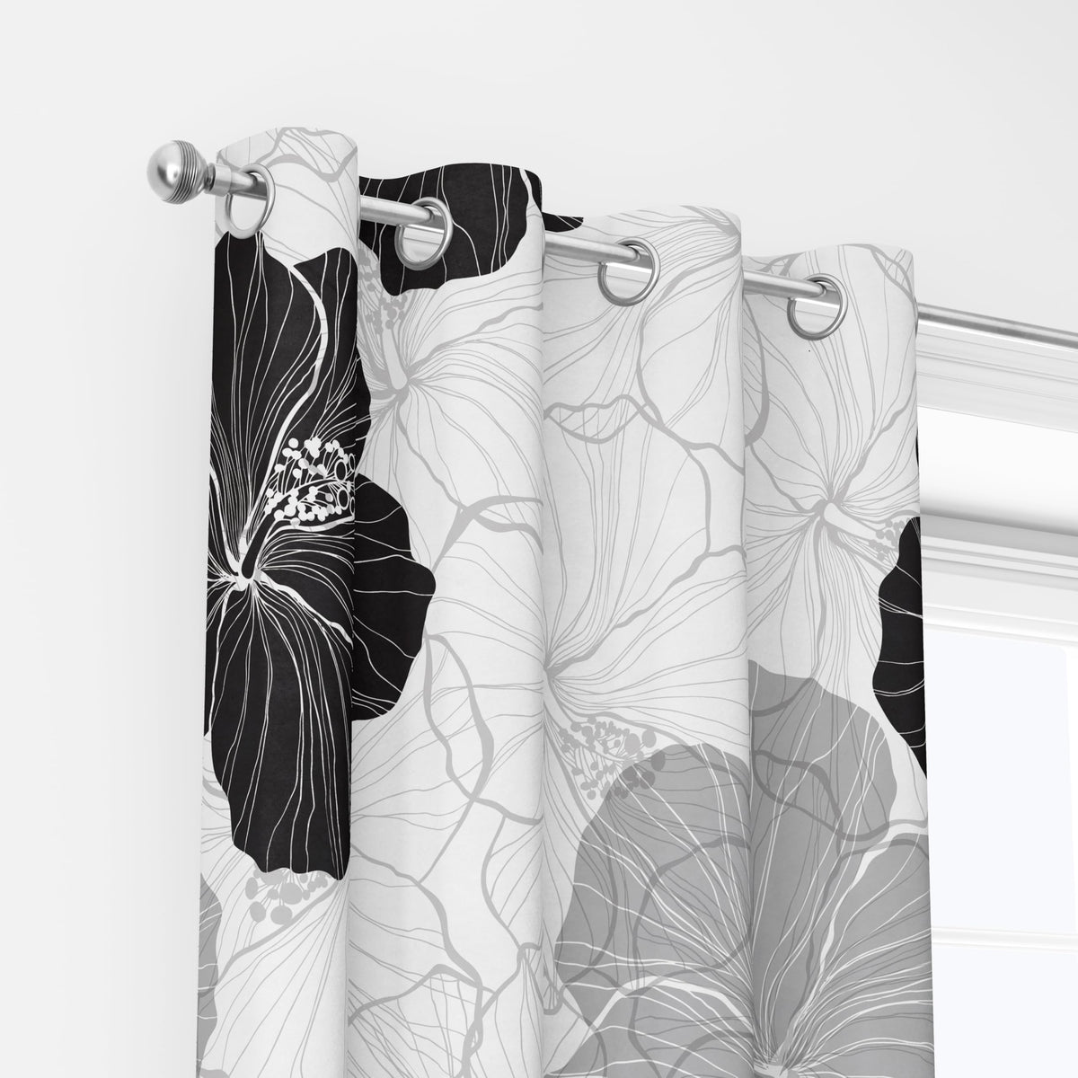 LADYVOGUE 100% Blackout Curtains 2 Panels Set Black White Grey Floral Black Out Curtain Gray Flower Chic Thermal Insulated Window Treatments Decor for Living Room Bedroom Darkening Curtain 52x84 Inch