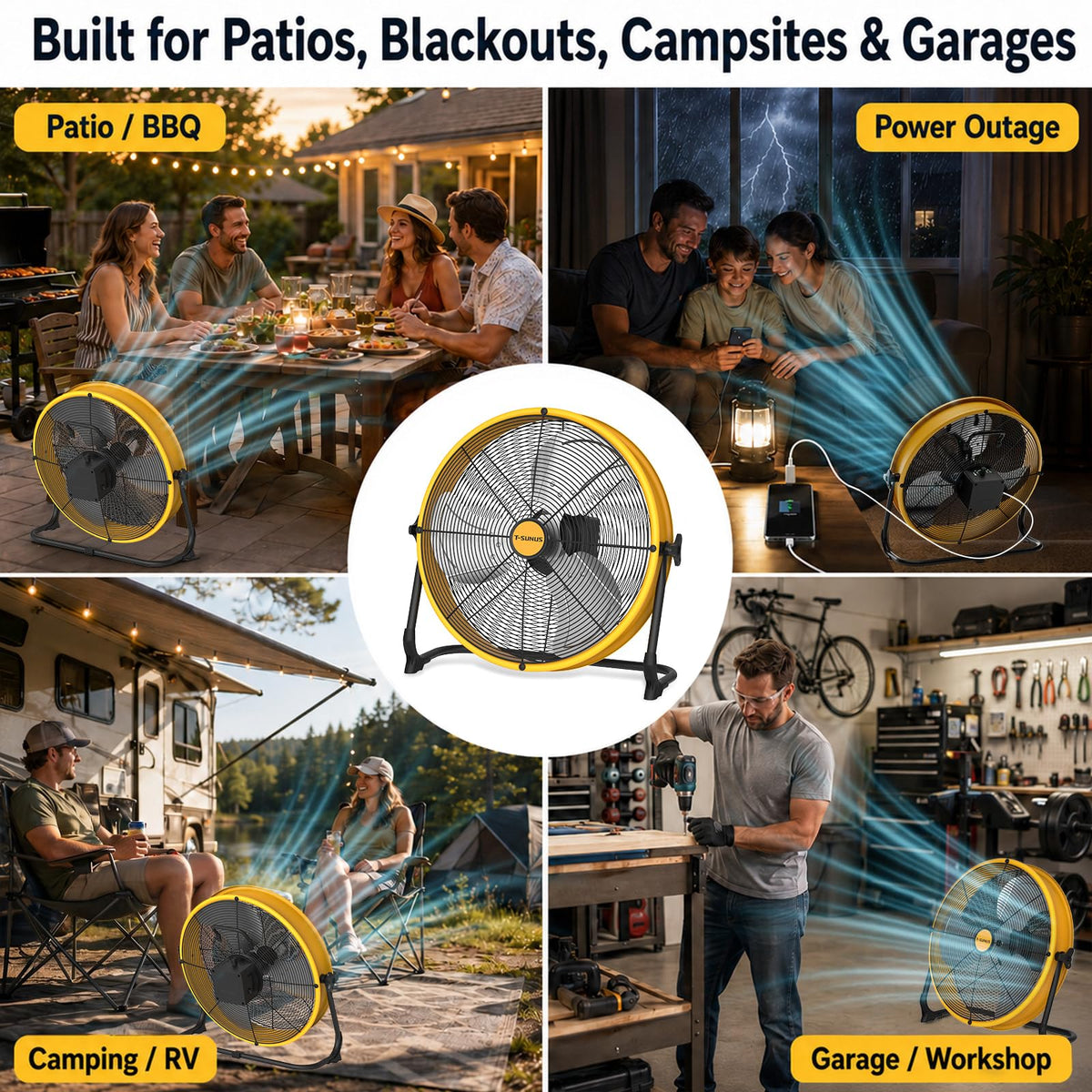 T-SUNUS 16" Battery Powered Floor Fan, 15600mAh Rechargeable Cordless Fan 2500 CFM High Velocity Airflow, Quiet Brushless Motor, 360° Adjustable Tilt for Home Garage Outdoor Patio RV Emergency Camping