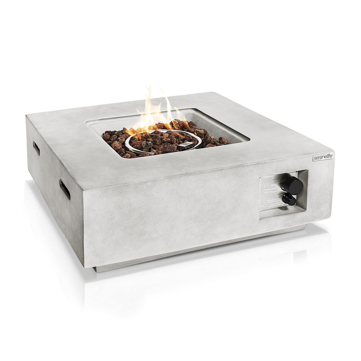 SereneLife Concrete Outdoor Propane Fire Pit Table - CSA/ETL Certified Safe 40,000 Pulse Ignition Weatherproof Square Propane Gas Fire Table - Adjustable Flame, Thermocouple - SLFPLG9