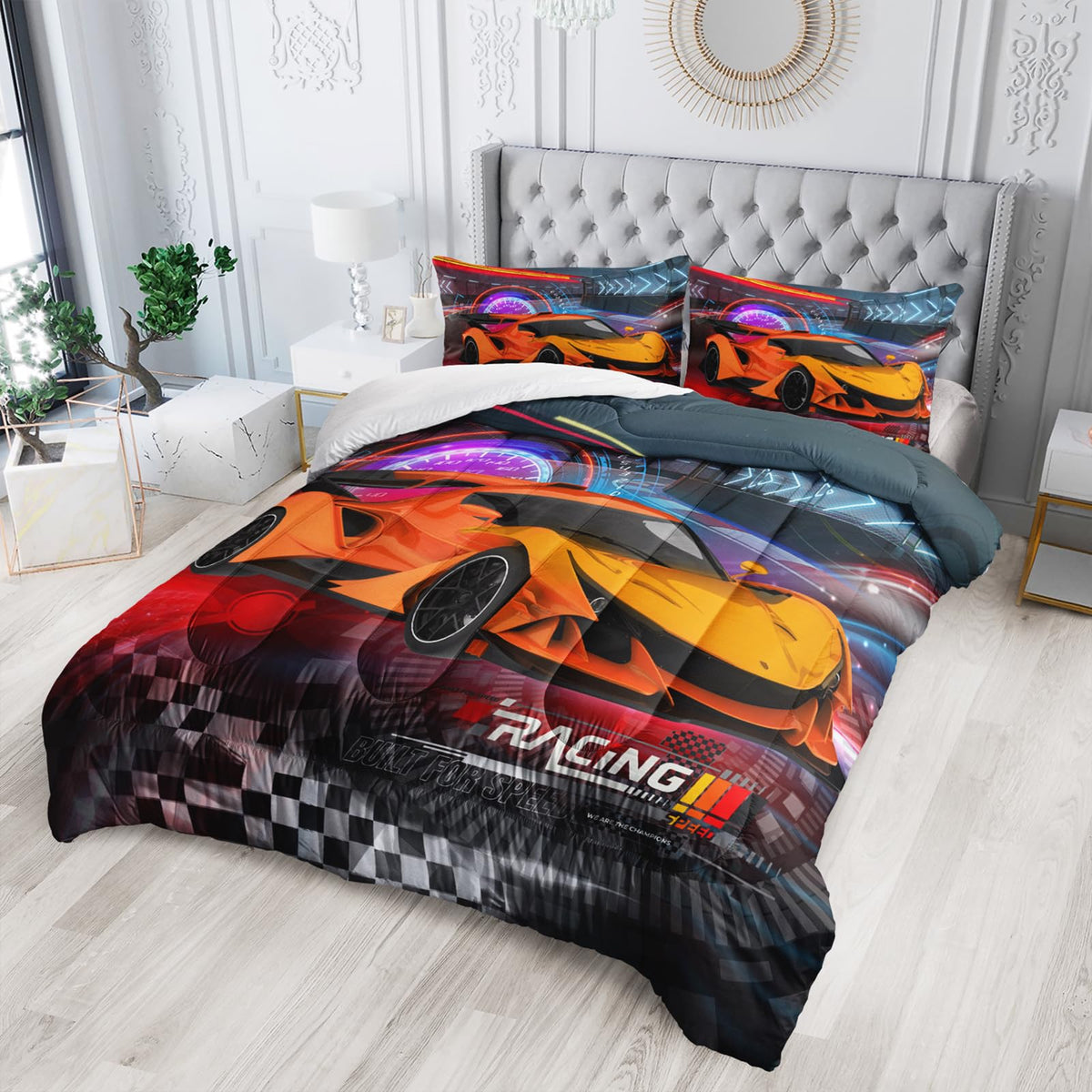 Nttopship Racing Cars Comforter Sets King Size,Bedding Sets 3PCS for Kids,Sports Car Theme Bedding Sets All Season 1 Comforter and 2 Pillowcases