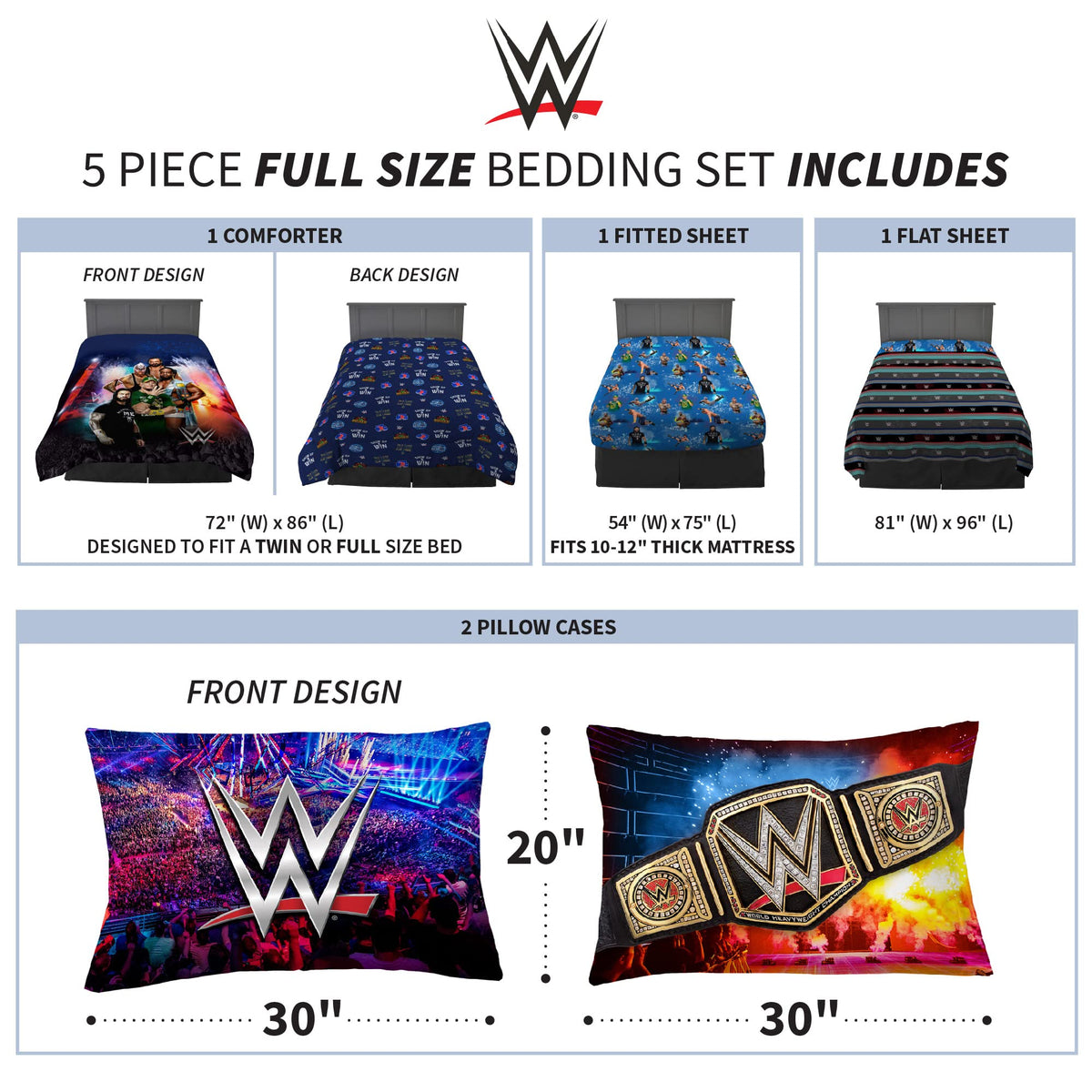 Franco Kids Bedding Super Soft Comforter and Sheet Set, 5 Piece Full Size, WWE