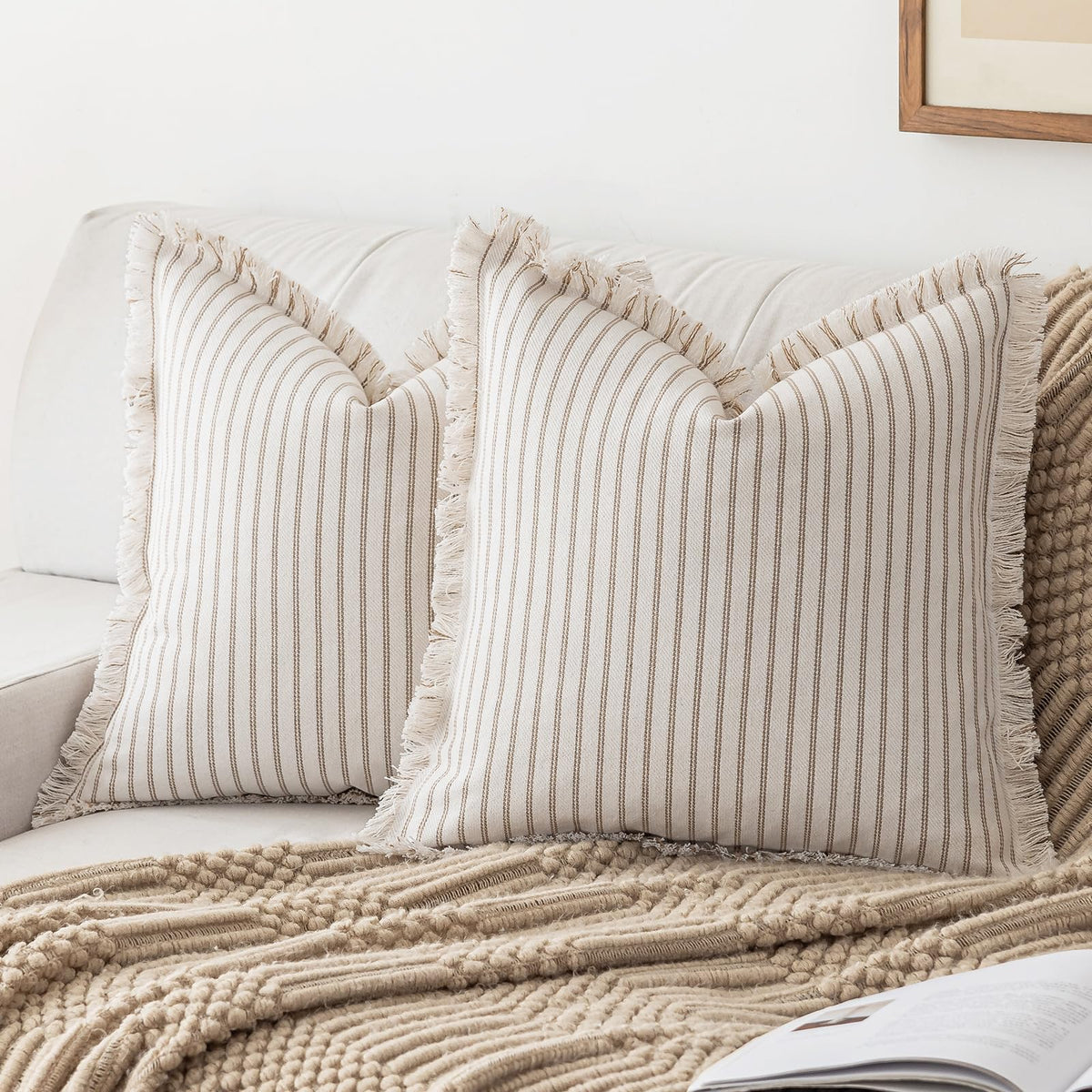 YEENAASY Throw Pillow Covers 18x18 Set of 2 Striped Fringe Pillow Cover Farmhouse Cushion Covers with Tassel Neutral Boho Pillows Decorative Square Pillowcase for Couch Sofa Bed, Khaki