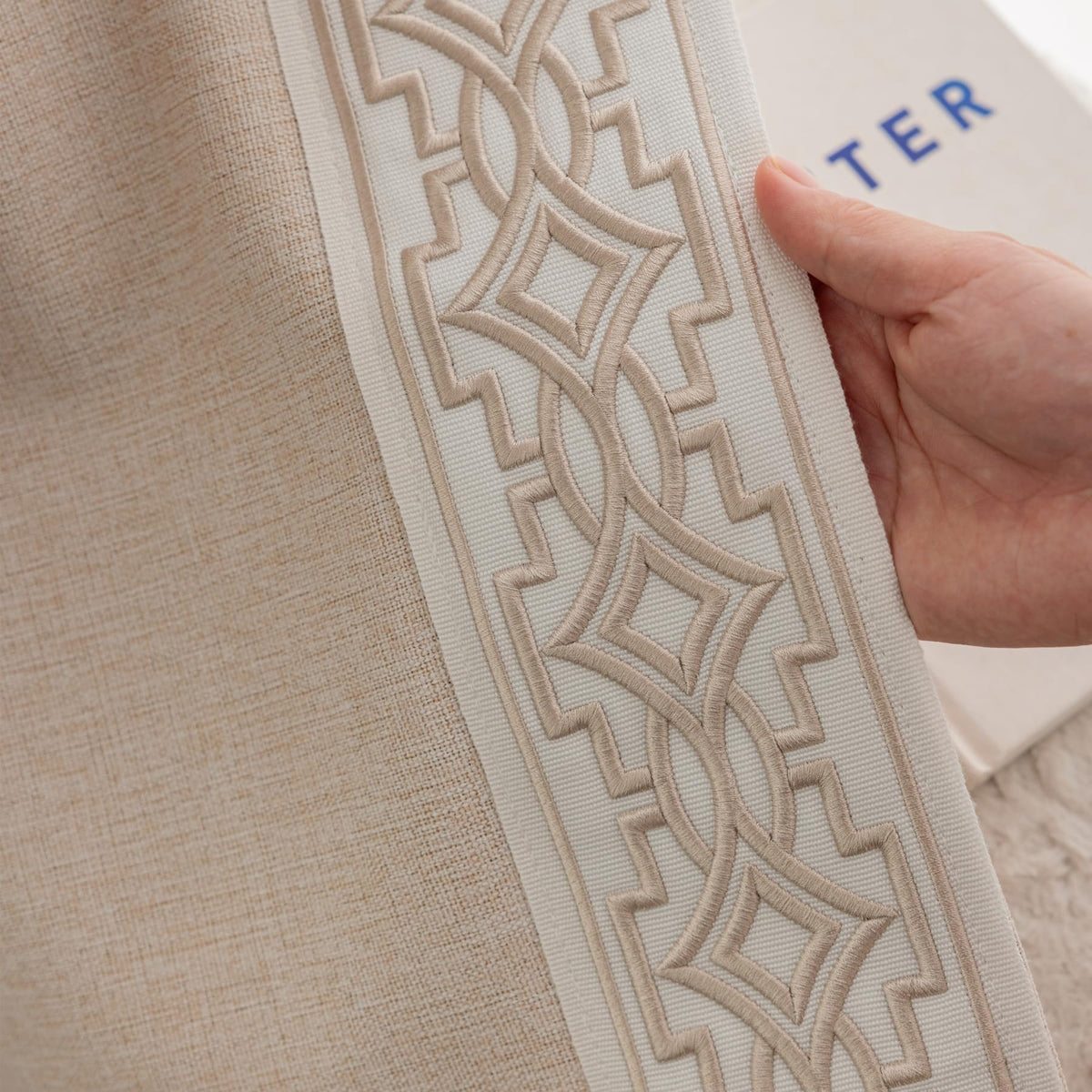 VisionaryHomeDesign Blackout Pinch Pleat Curtains with Embroidery Trim -Soft Beige Linen Blend Curtains for Living Room or Bedroom (50" W x 108" L)