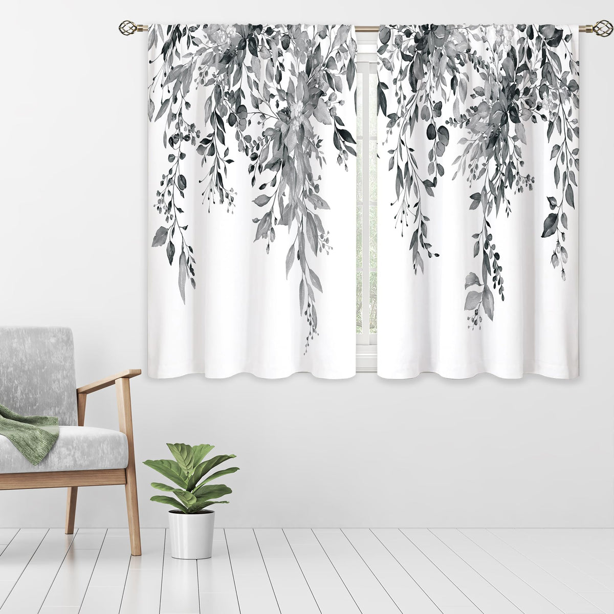 oolygoo Eucalyptus Botanical Leaves Grey Floral Kitchen Window Curtains Over Sink Farmhouse Flower Leaf Small Window Treatment Cafe Short Curtains for Bathroom Treatment Tier Drapes 27.5x39 inch